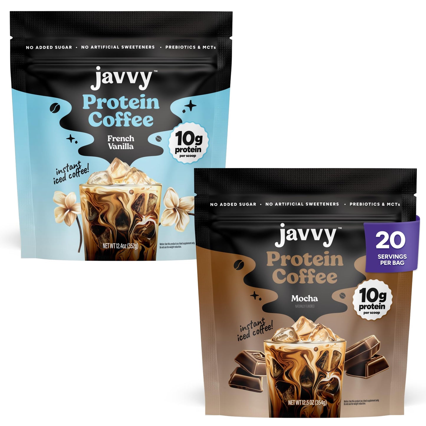 Javvy Protein Coffee for Cold Brew & Iced Coffee, Caramel Latte | 10g Whey Protein, 100% Natural Cold Brew, Zero Artificial Flavors & Sweeteners, 80mg Caffeine, No Added Sugar