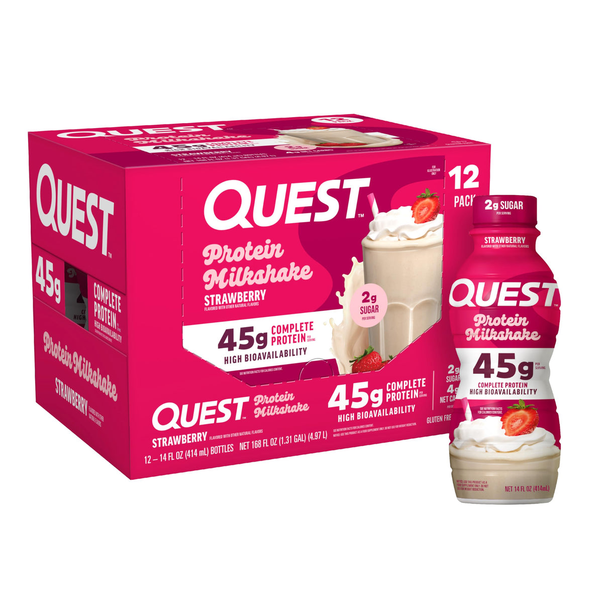 Quest Nutrition Vanilla Protein Shake, 45g Protein, 2g Sugar, 3g Net Carbs, Ready to Drink, Gluten Free, Bottle, 12 Count