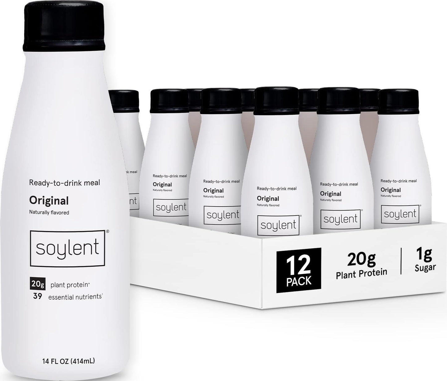 Soylent Strawberry Meal Replacement Shake, Ready-to-Drink Plant Based Protein Drink, Contains 20g Complete Vegan Protein and 1g Sugar, 14oz, 12 Pack