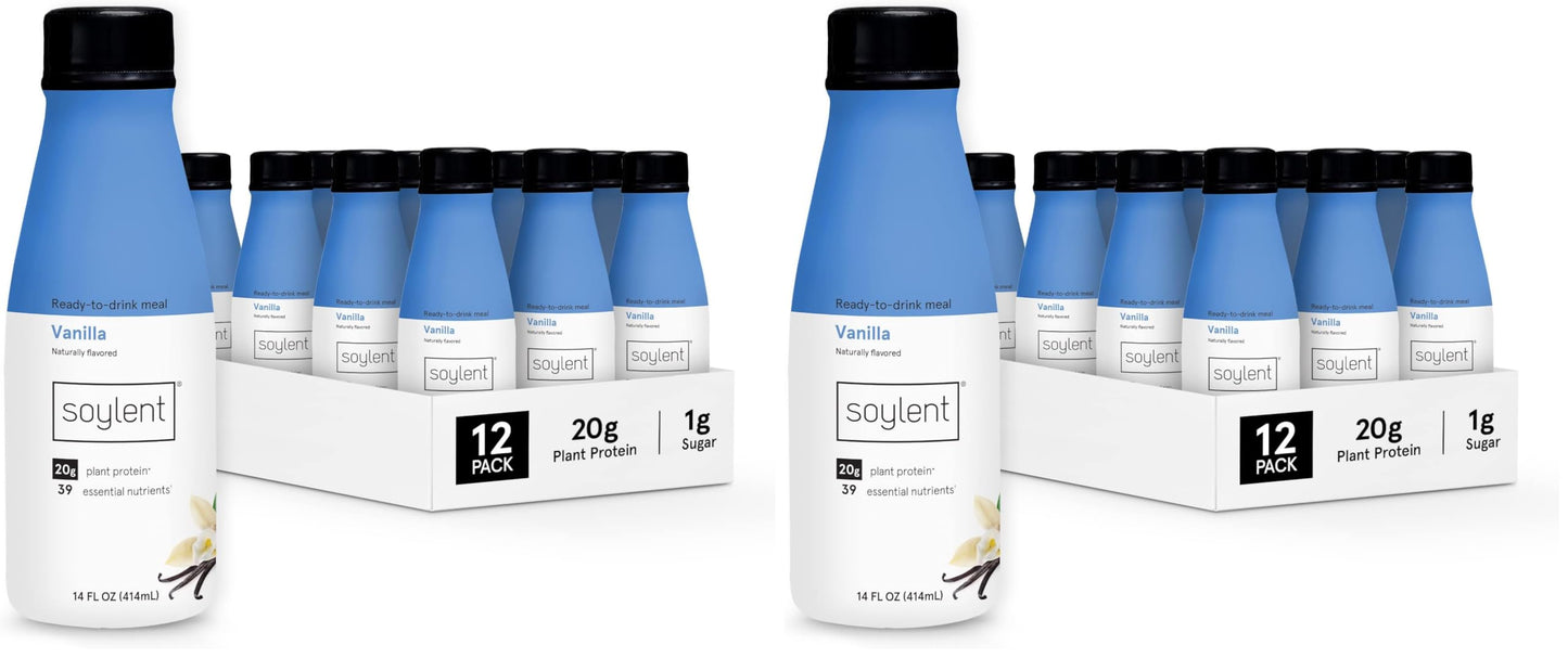 Soylent Strawberry Meal Replacement Shake, Ready-to-Drink Plant Based Protein Drink, Contains 20g Complete Vegan Protein and 1g Sugar, 14oz, 12 Pack