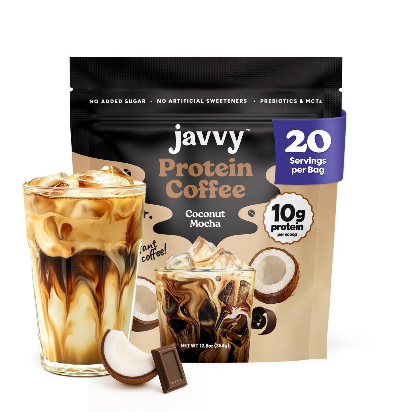 Javvy Protein Coffee for Cold Brew & Iced Coffee, Caramel Latte | 10g Whey Protein, 100% Natural Cold Brew, Zero Artificial Flavors & Sweeteners, 80mg Caffeine, No Added Sugar