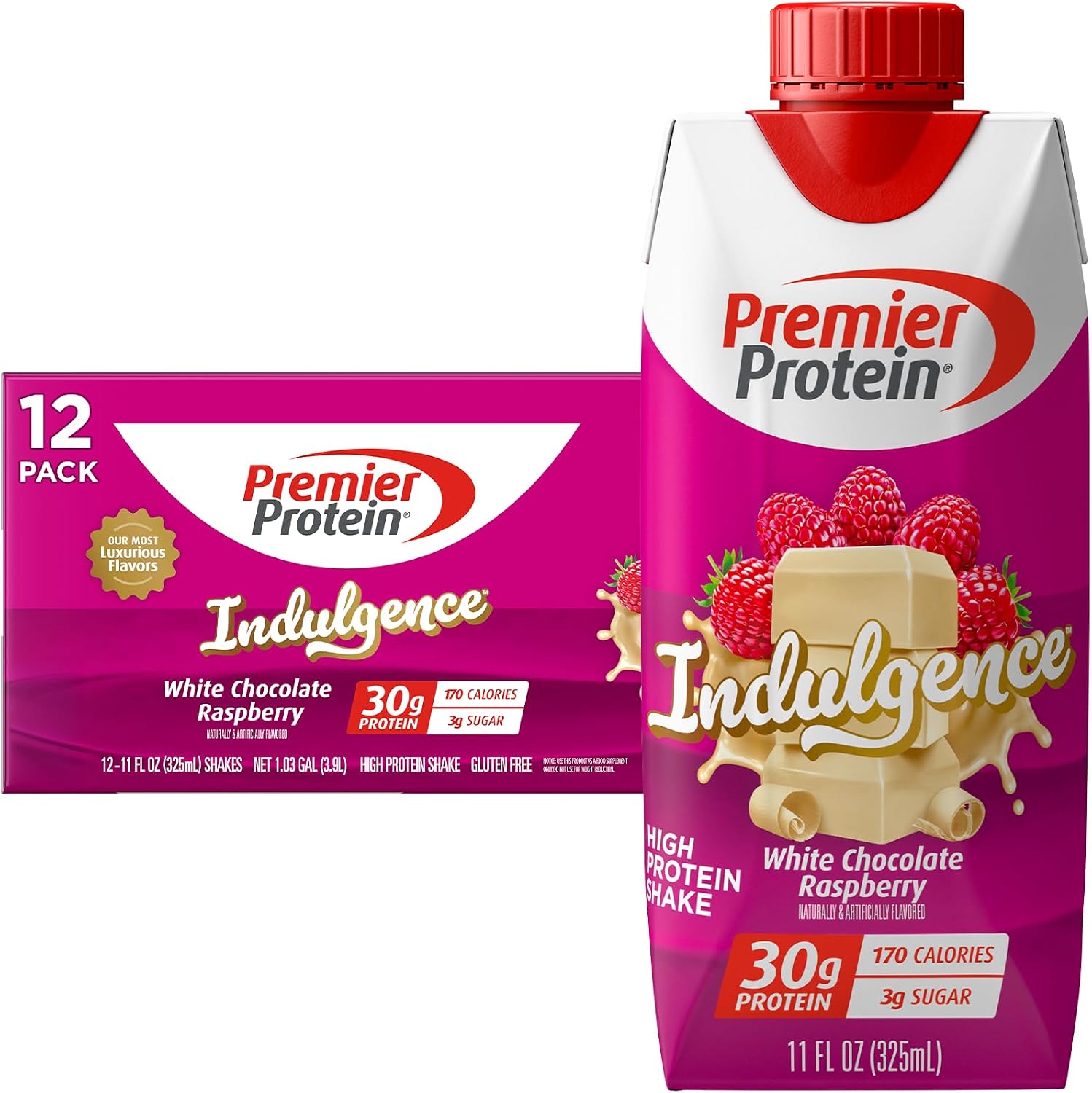 Premier Protein Shake INDULGENCE, White Chocolate Raspberry, 30g Protein, 170 Calories, 3g Sugar, 11 fl oz, 12 Pack