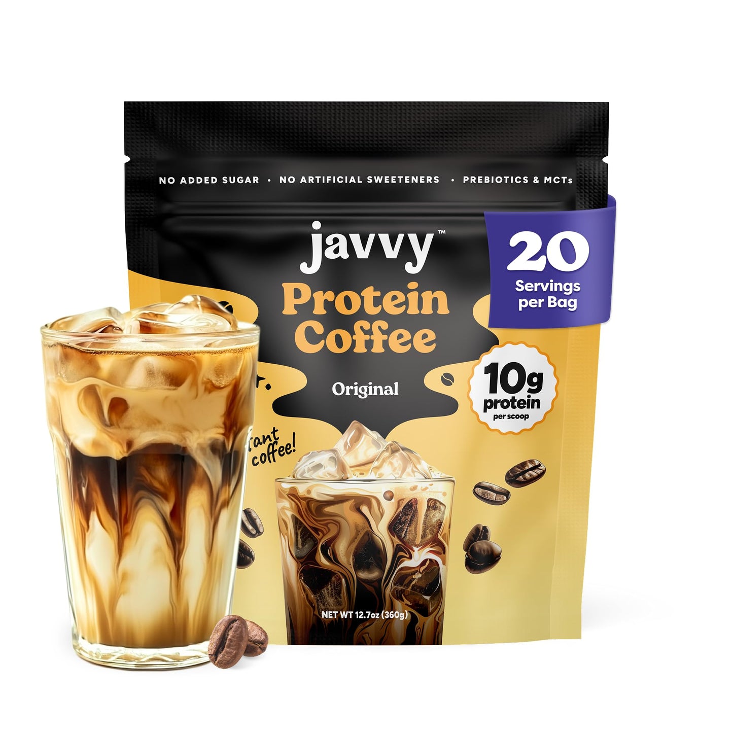 Javvy Protein Coffee for Cold Brew & Iced Coffee, Caramel Latte | 10g Whey Protein, 100% Natural Cold Brew, Zero Artificial Flavors & Sweeteners, 80mg Caffeine, No Added Sugar