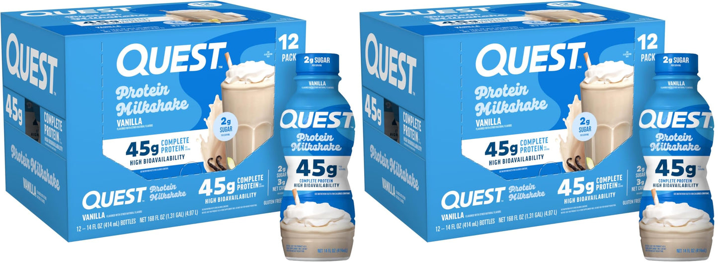 Quest Nutrition Vanilla Protein Shake, 45g Protein, 2g Sugar, 3g Net Carbs, Ready to Drink, Gluten Free, Bottle, 12 Count