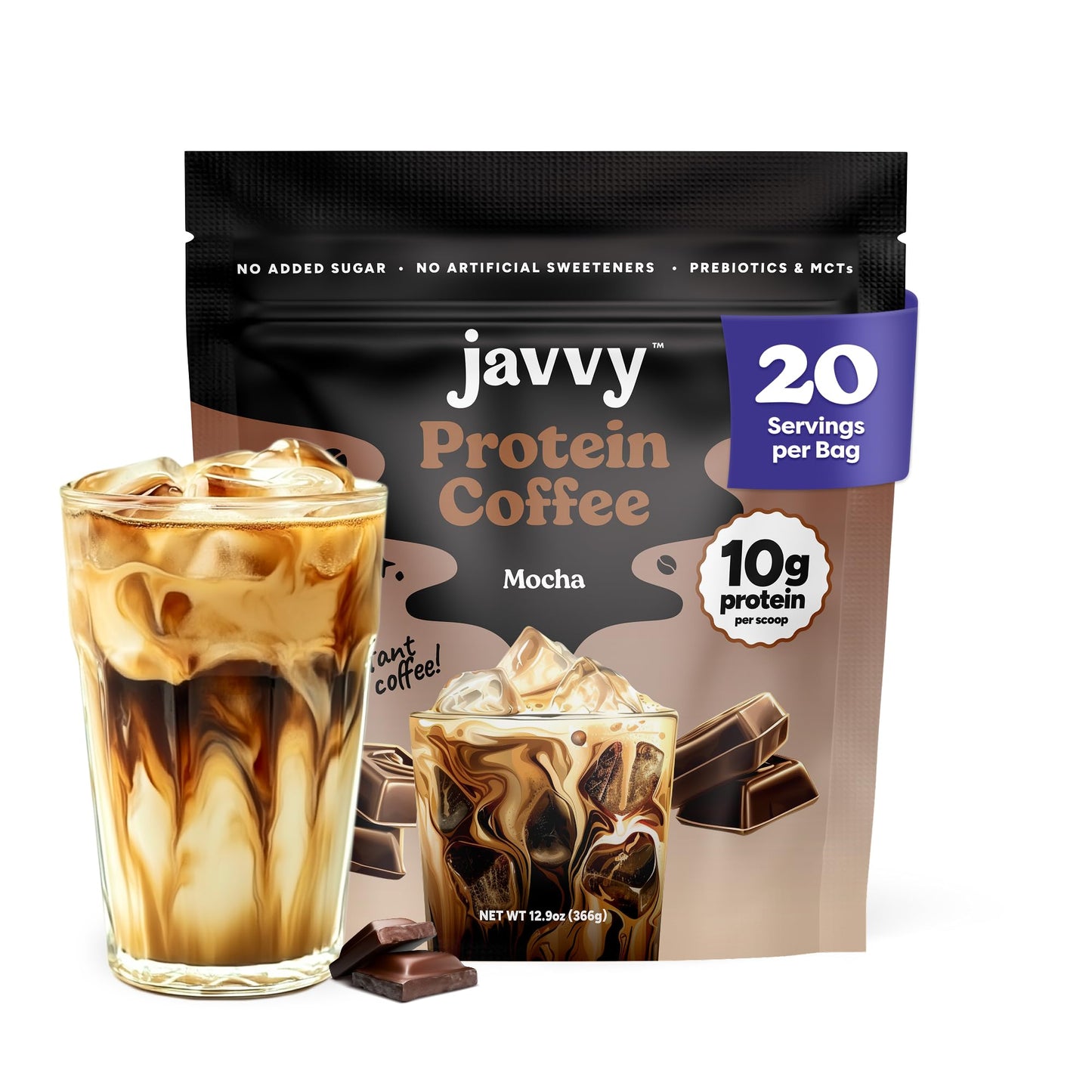 Javvy Protein Coffee for Cold Brew & Iced Coffee, Caramel Latte | 10g Whey Protein, 100% Natural Cold Brew, Zero Artificial Flavors & Sweeteners, 80mg Caffeine, No Added Sugar