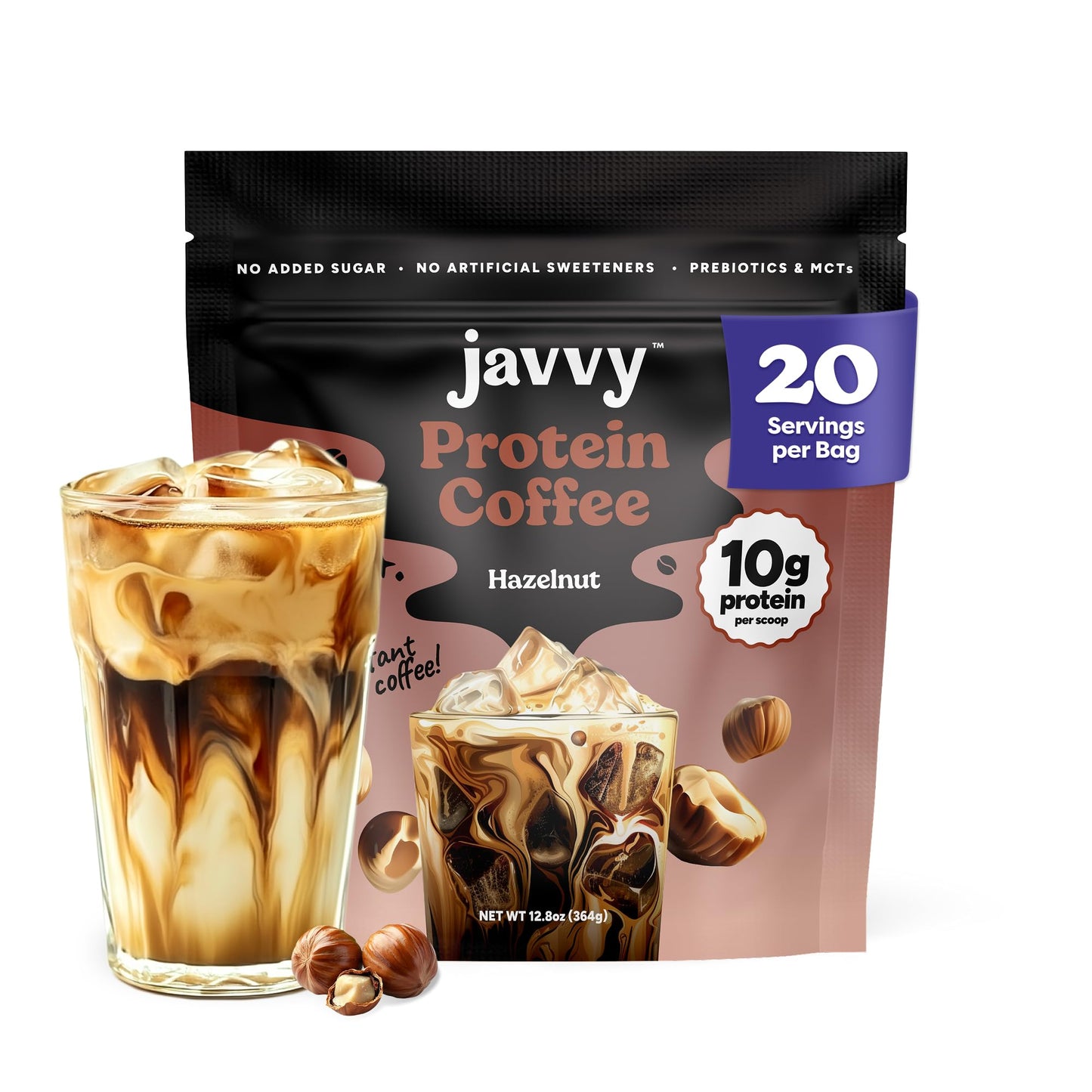 Javvy Protein Coffee for Cold Brew & Iced Coffee, Caramel Latte | 10g Whey Protein, 100% Natural Cold Brew, Zero Artificial Flavors & Sweeteners, 80mg Caffeine, No Added Sugar