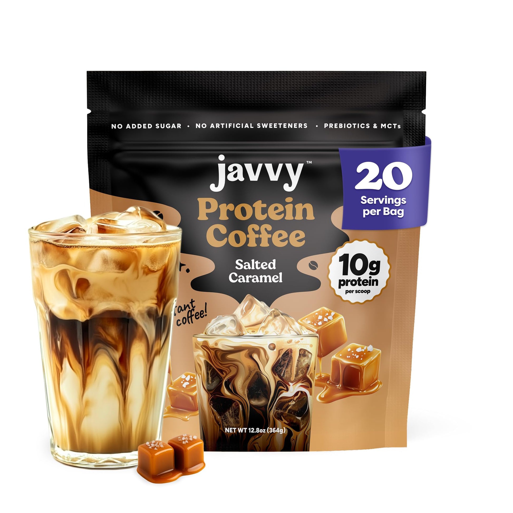 Javvy Protein Coffee for Cold Brew & Iced Coffee, Caramel Latte | 10g Whey Protein, 100% Natural Cold Brew, Zero Artificial Flavors & Sweeteners, 80mg Caffeine, No Added Sugar