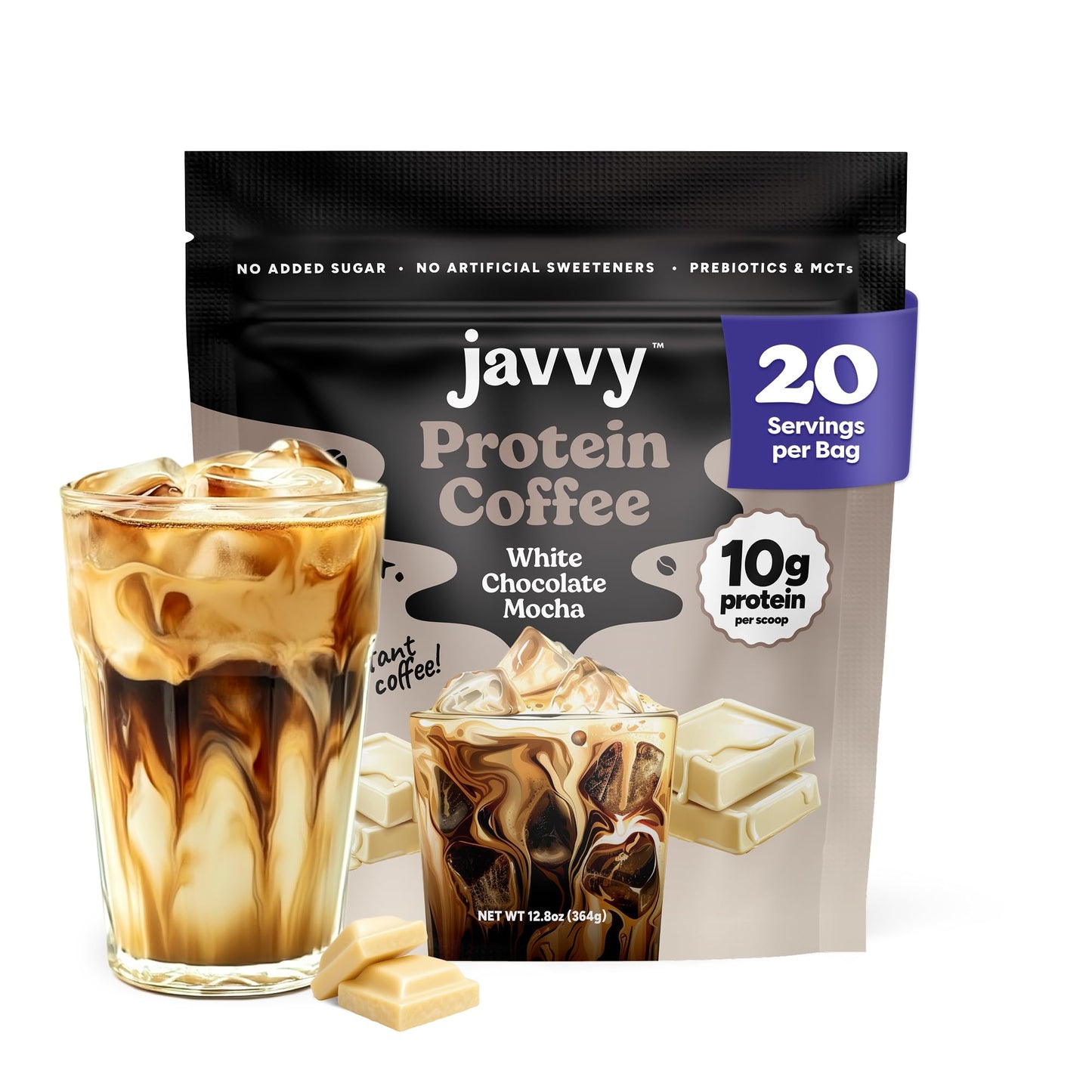 Javvy Protein Coffee for Cold Brew & Iced Coffee, Caramel Latte | 10g Whey Protein, 100% Natural Cold Brew, Zero Artificial Flavors & Sweeteners, 80mg Caffeine, No Added Sugar