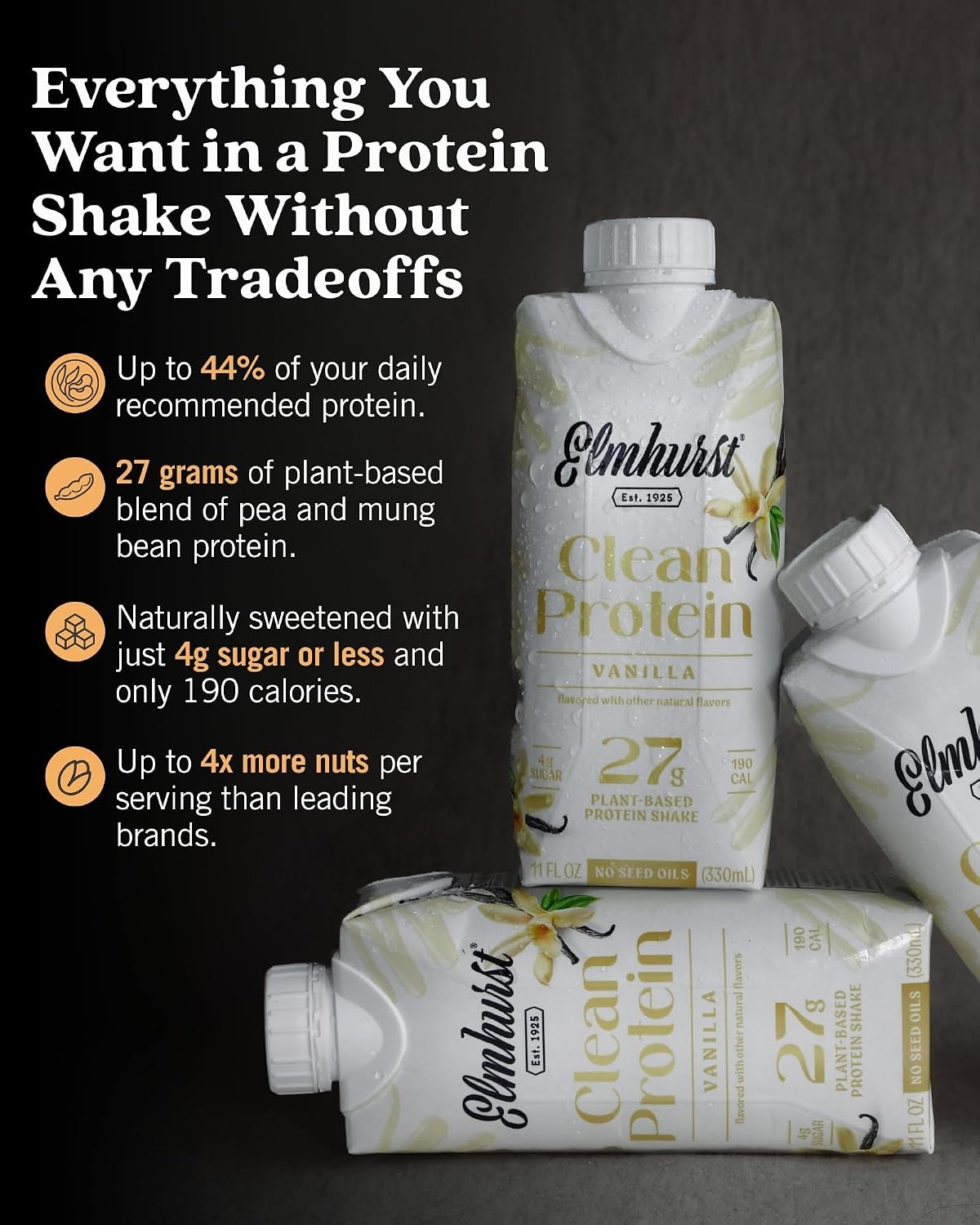 Elmhurst 1925 Madagascar Vanilla Bean Vegan Protein Shakes, 11 Oz (12-Pack)