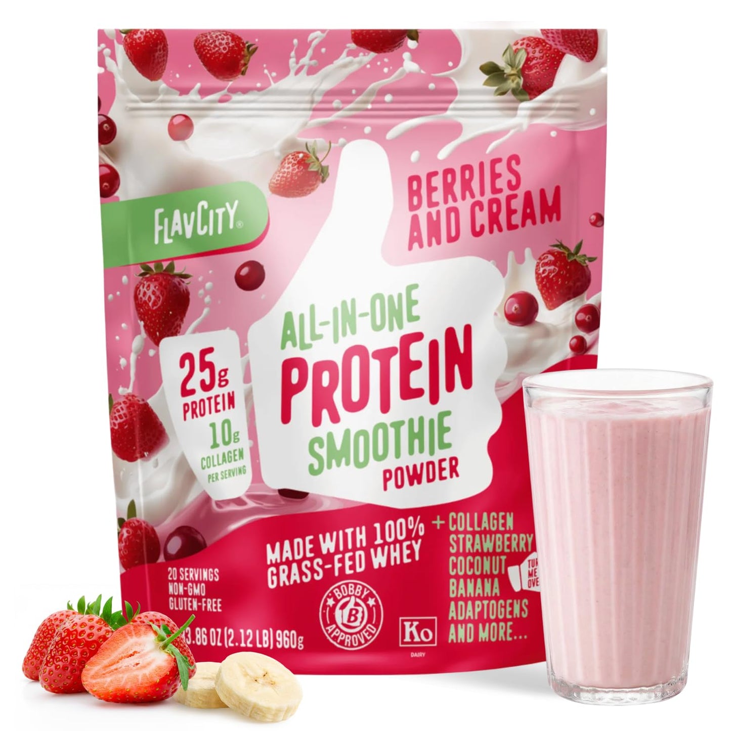 FlavCity Chocolate All in One Protein Shake Powder - On the Go Meal Alternative + Collagen Peptides, Reishi & Cordyceps - Focus, Skin, Hair & Joint Support - 100% Grass Fed Whey, 20 Servings