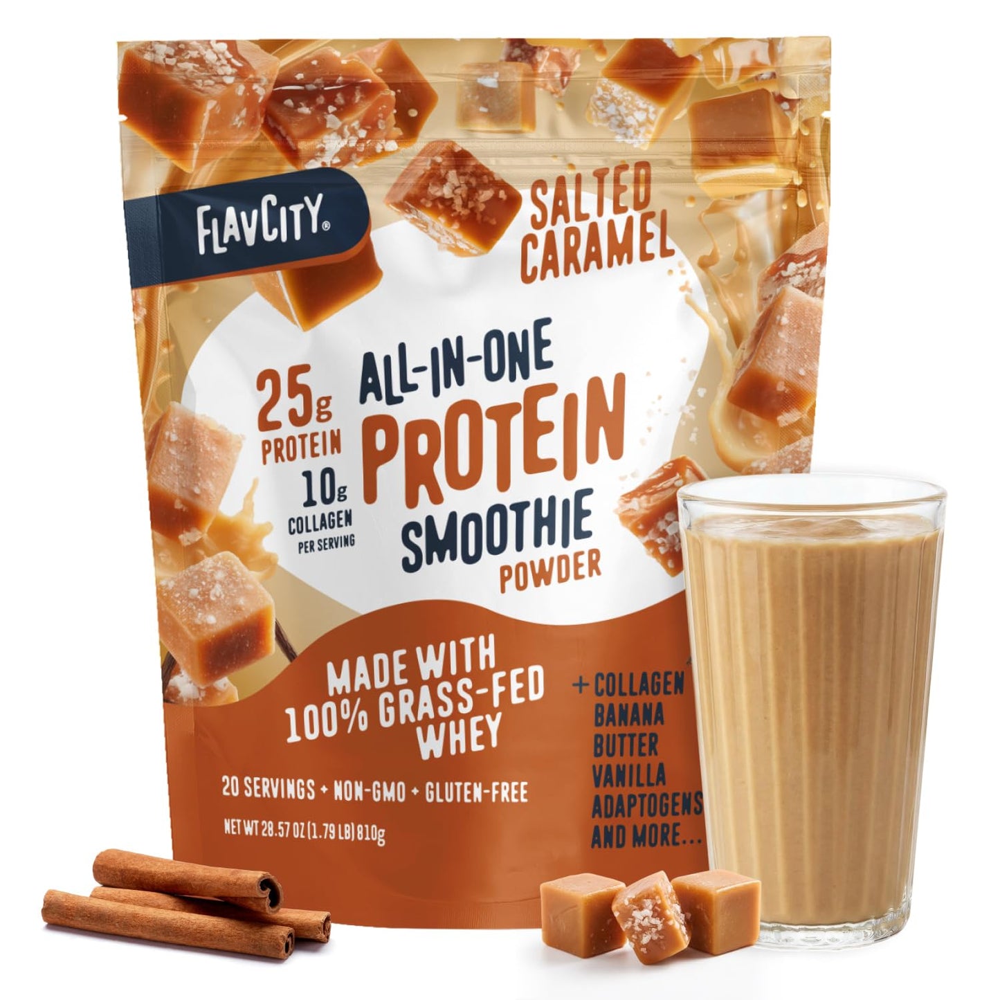 FlavCity Chocolate All in One Protein Shake Powder - On the Go Meal Alternative + Collagen Peptides, Reishi & Cordyceps - Focus, Skin, Hair & Joint Support - 100% Grass Fed Whey, 20 Servings