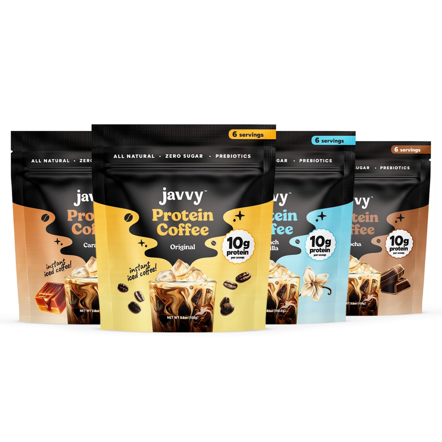 Javvy Protein Coffee for Cold Brew & Iced Coffee, Caramel Latte | 10g Whey Protein, 100% Natural Cold Brew, Zero Artificial Flavors & Sweeteners, 80mg Caffeine, No Added Sugar