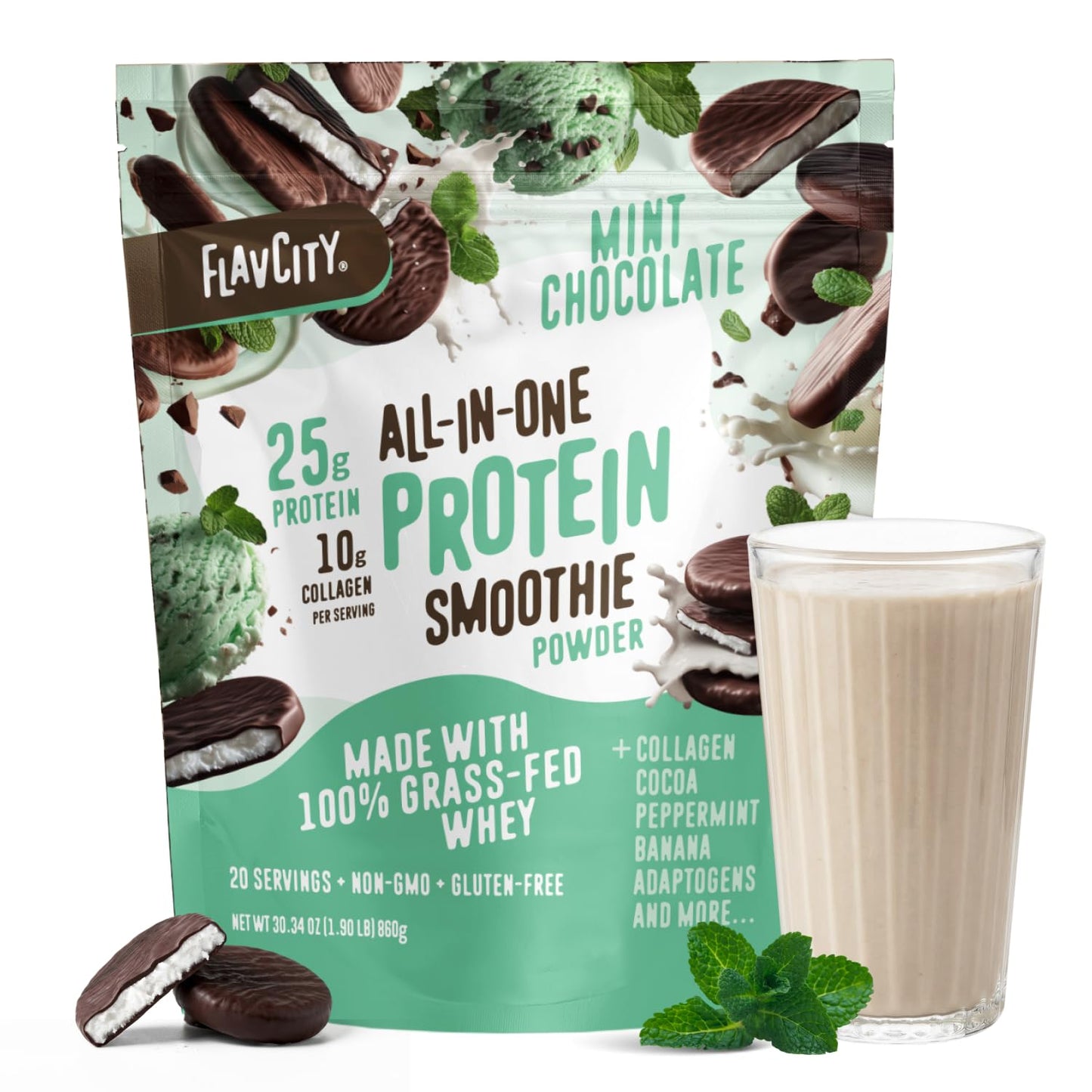 FlavCity Chocolate All in One Protein Shake Powder - On the Go Meal Alternative + Collagen Peptides, Reishi & Cordyceps - Focus, Skin, Hair & Joint Support - 100% Grass Fed Whey, 20 Servings