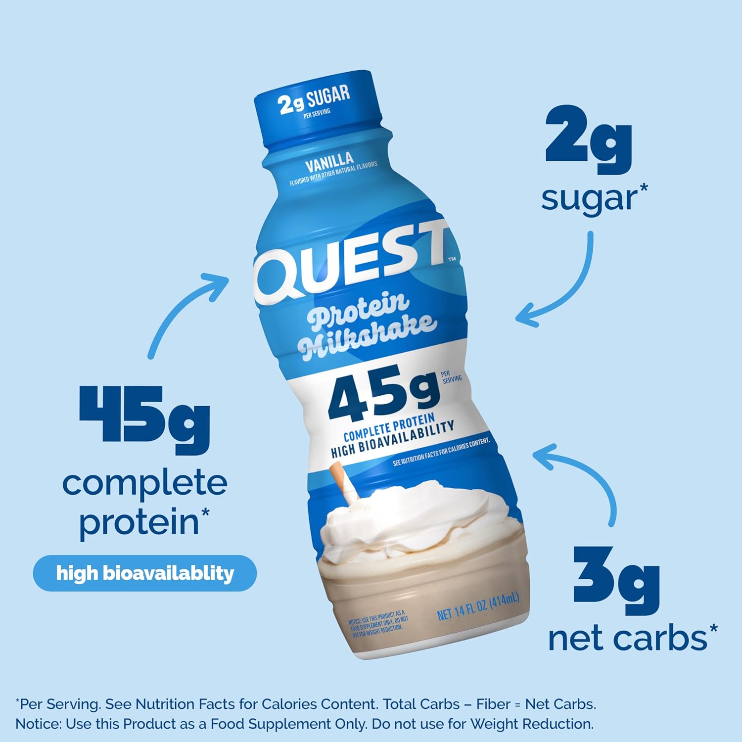 Quest Nutrition Vanilla Protein Shake, 45g Protein, 2g Sugar, 3g Net Carbs, Ready to Drink, Gluten Free, Bottle, 12 Count