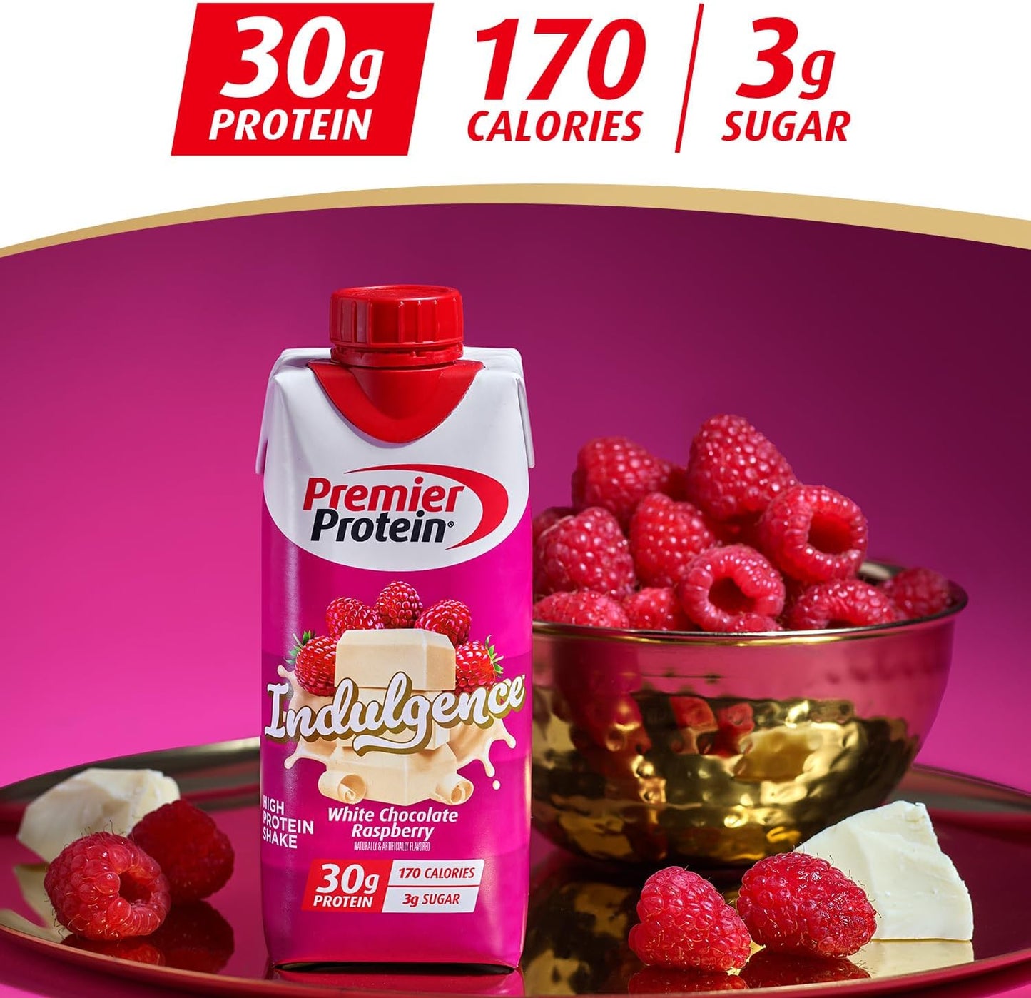 Premier Protein Shake INDULGENCE, White Chocolate Raspberry, 30g Protein, 170 Calories, 3g Sugar, 11 fl oz, 12 Pack