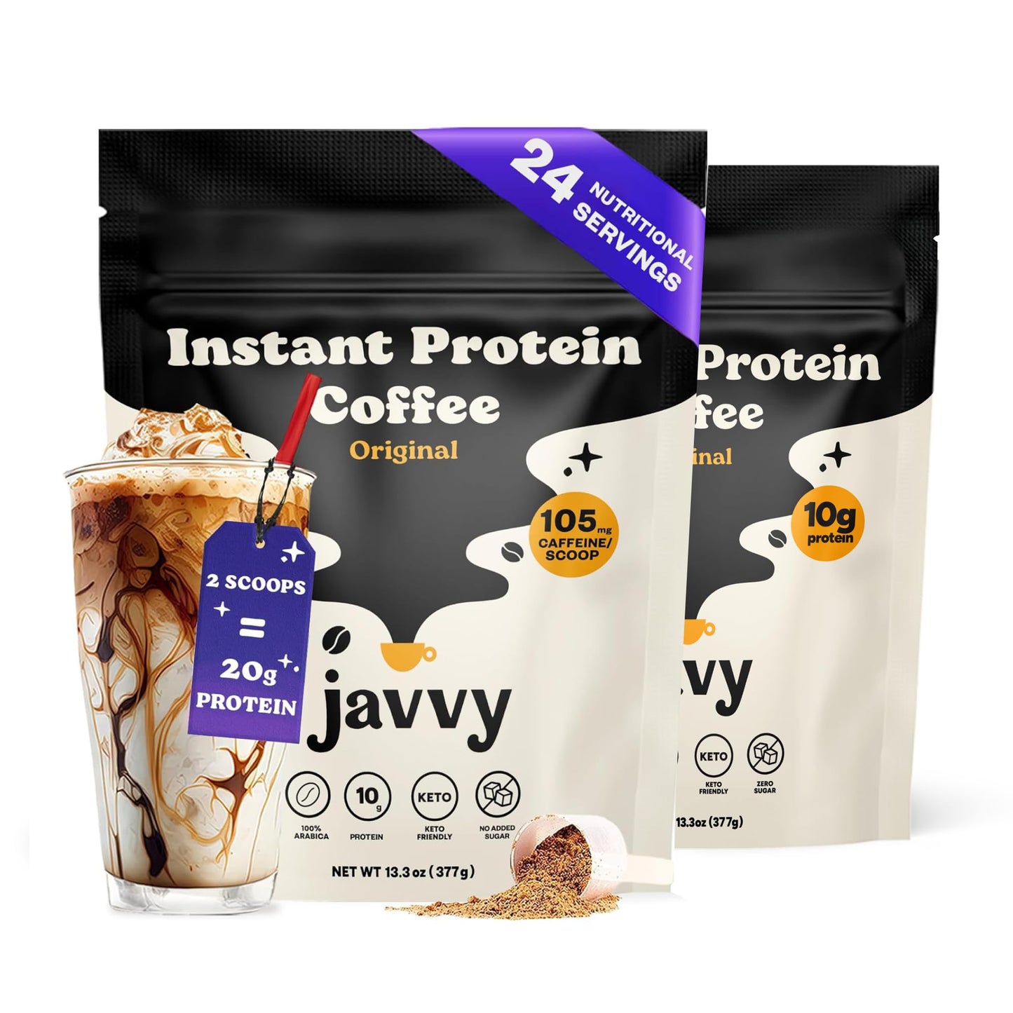 Javvy Protein Coffee for Cold Brew & Iced Coffee, Caramel Latte | 10g Whey Protein, 100% Natural Cold Brew, Zero Artificial Flavors & Sweeteners, 80mg Caffeine, No Added Sugar