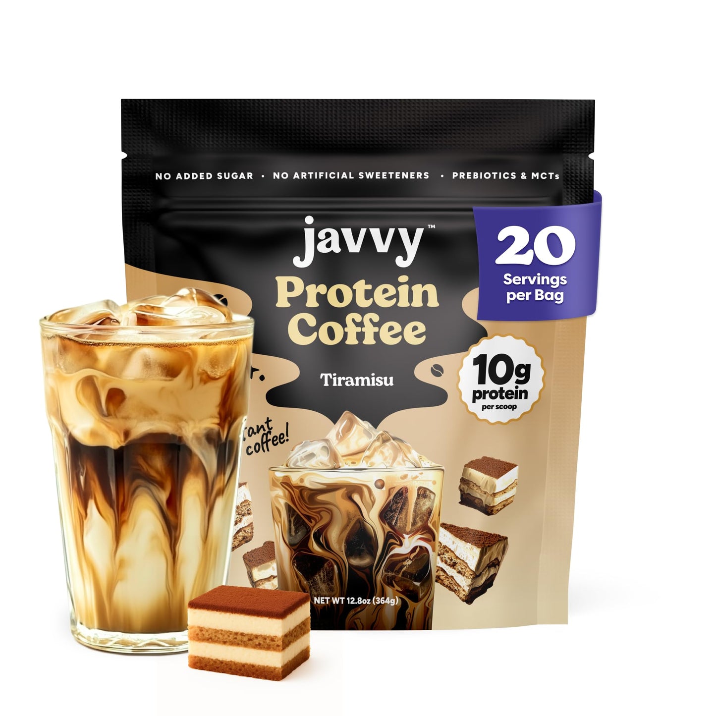 Javvy Protein Coffee for Cold Brew & Iced Coffee, Caramel Latte | 10g Whey Protein, 100% Natural Cold Brew, Zero Artificial Flavors & Sweeteners, 80mg Caffeine, No Added Sugar