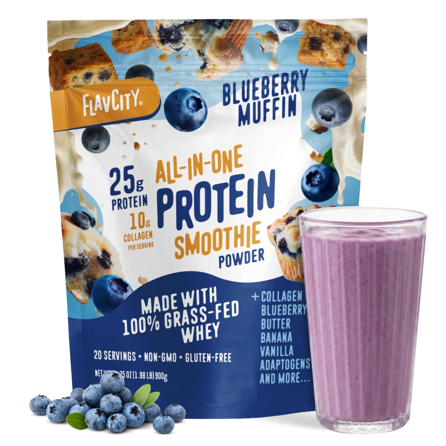 FlavCity Chocolate All in One Protein Shake Powder - On the Go Meal Alternative + Collagen Peptides, Reishi & Cordyceps - Focus, Skin, Hair & Joint Support - 100% Grass Fed Whey, 20 Servings