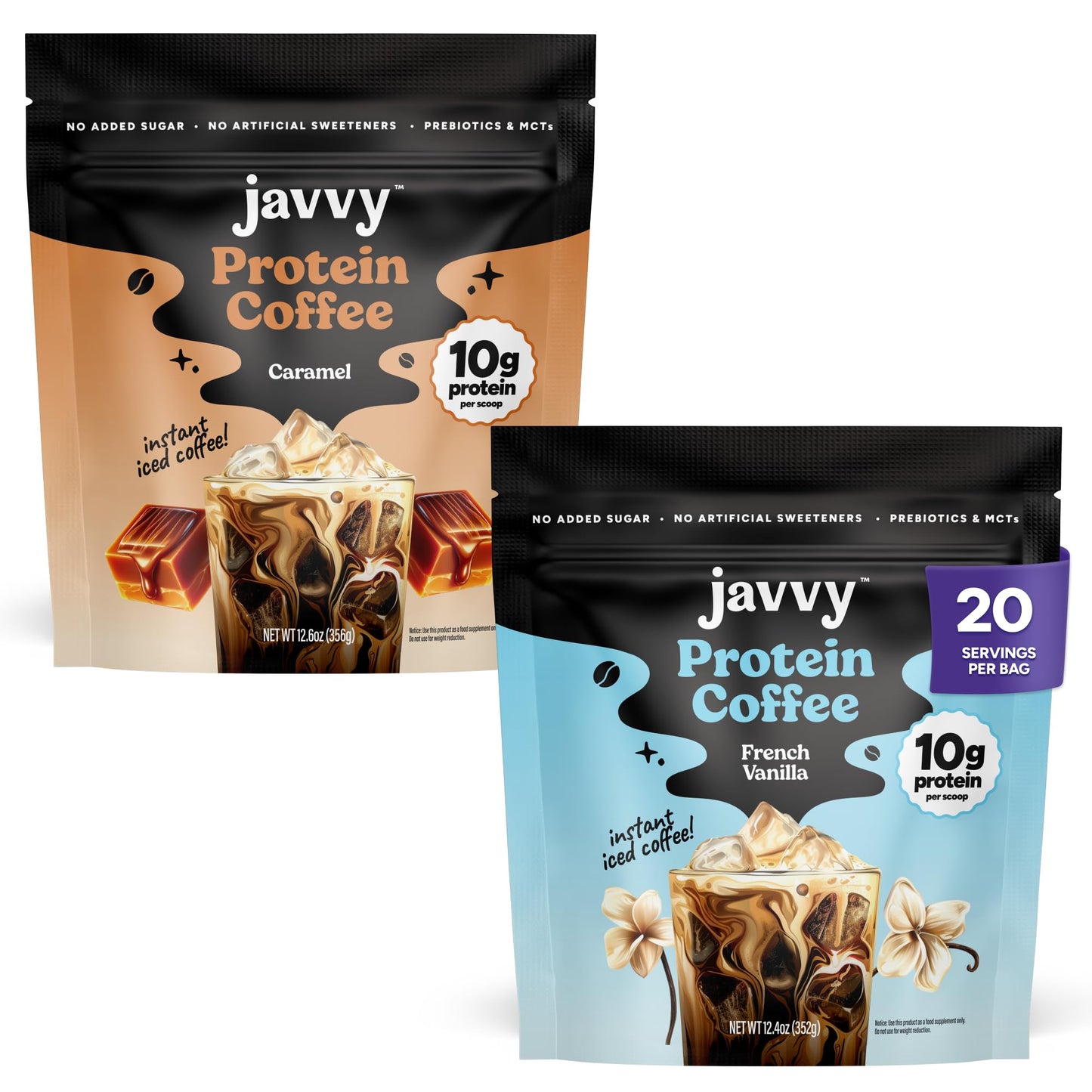 Javvy Protein Coffee for Cold Brew & Iced Coffee, Caramel Latte | 10g Whey Protein, 100% Natural Cold Brew, Zero Artificial Flavors & Sweeteners, 80mg Caffeine, No Added Sugar