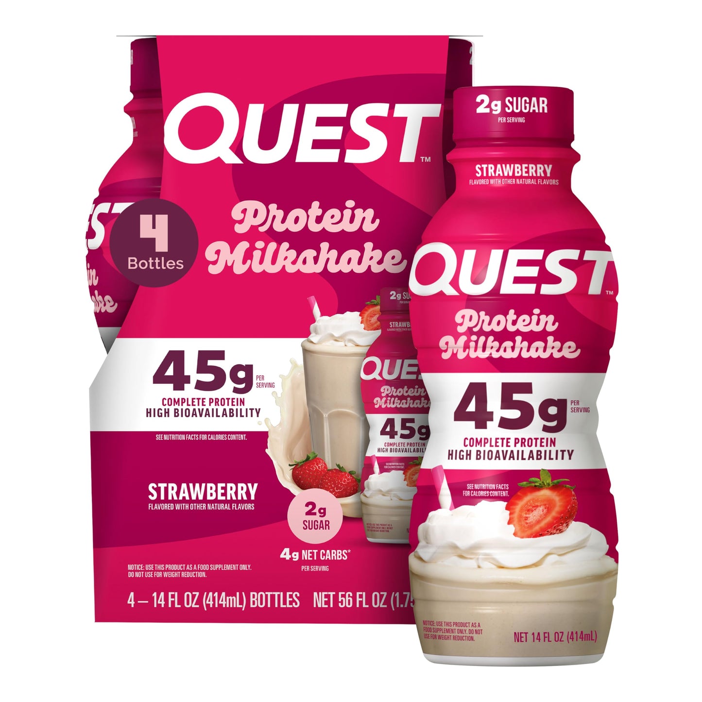 Quest Nutrition Vanilla Protein Shake, 45g Protein, 2g Sugar, 3g Net Carbs, Ready to Drink, Gluten Free, Bottle, 12 Count