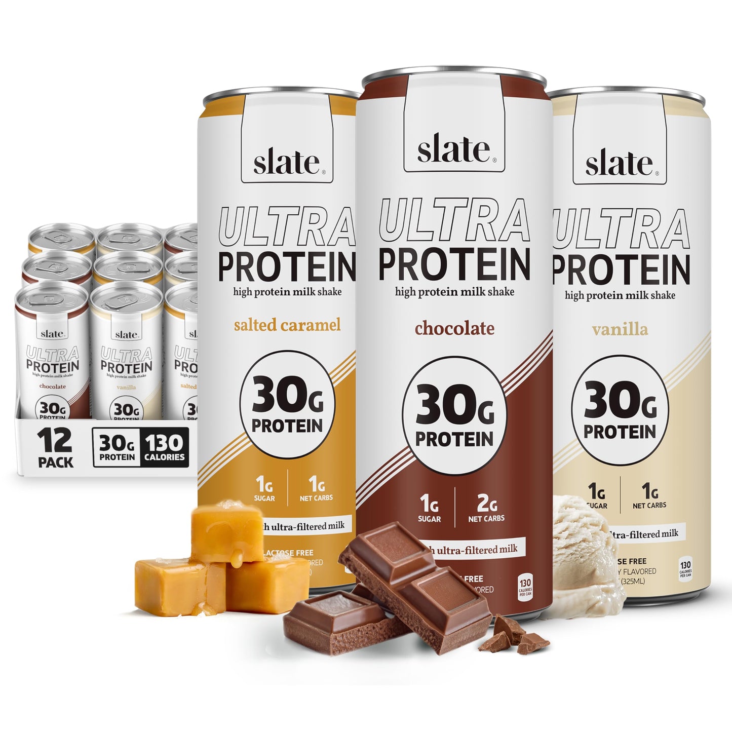 Slate Milk Ultra High Protein Milk Shake (Neapolitan Pack) Chocolate, Vanilla, & Strawberry - 30g Protein, 1g Sugar, 130 Calories, 1-2g Net Carbs - No Added Sugar - Lactose Free - 11 fl oz, 12 Cans