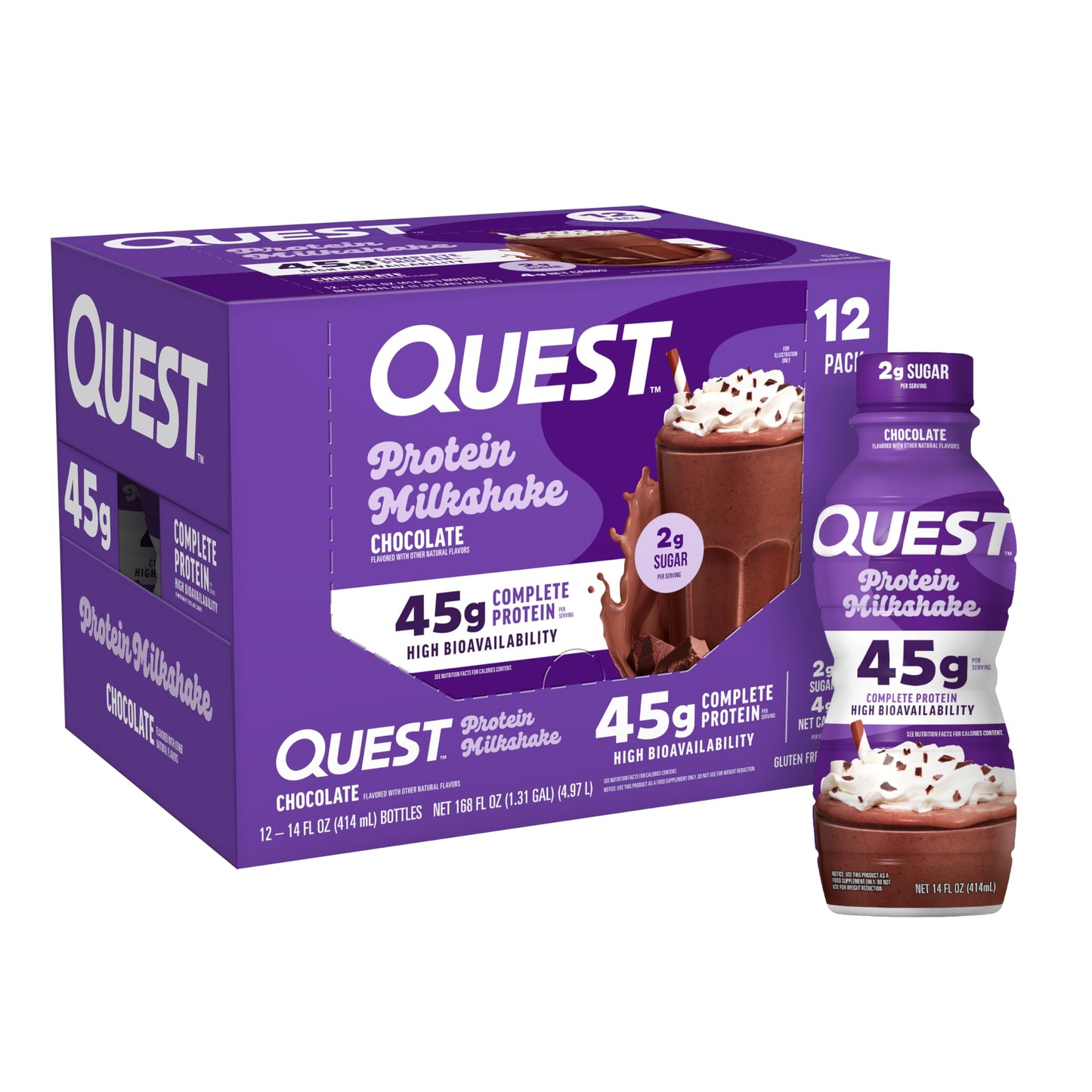 Quest Nutrition Vanilla Protein Shake, 45g Protein, 2g Sugar, 3g Net Carbs, Ready to Drink, Gluten Free, Bottle, 12 Count