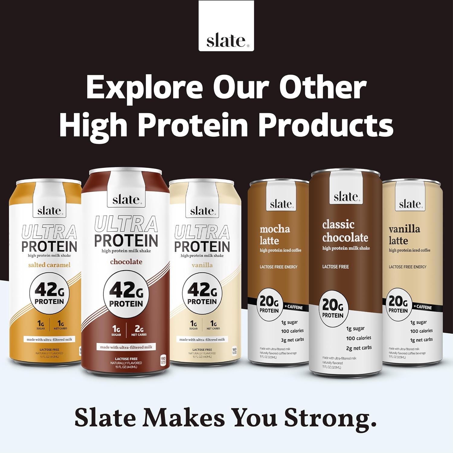 Slate Milk Ultra High Protein Milk Shake (Neapolitan Pack) Chocolate, Vanilla, & Strawberry - 30g Protein, 1g Sugar, 130 Calories, 1-2g Net Carbs - No Added Sugar - Lactose Free - 11 fl oz, 12 Cans