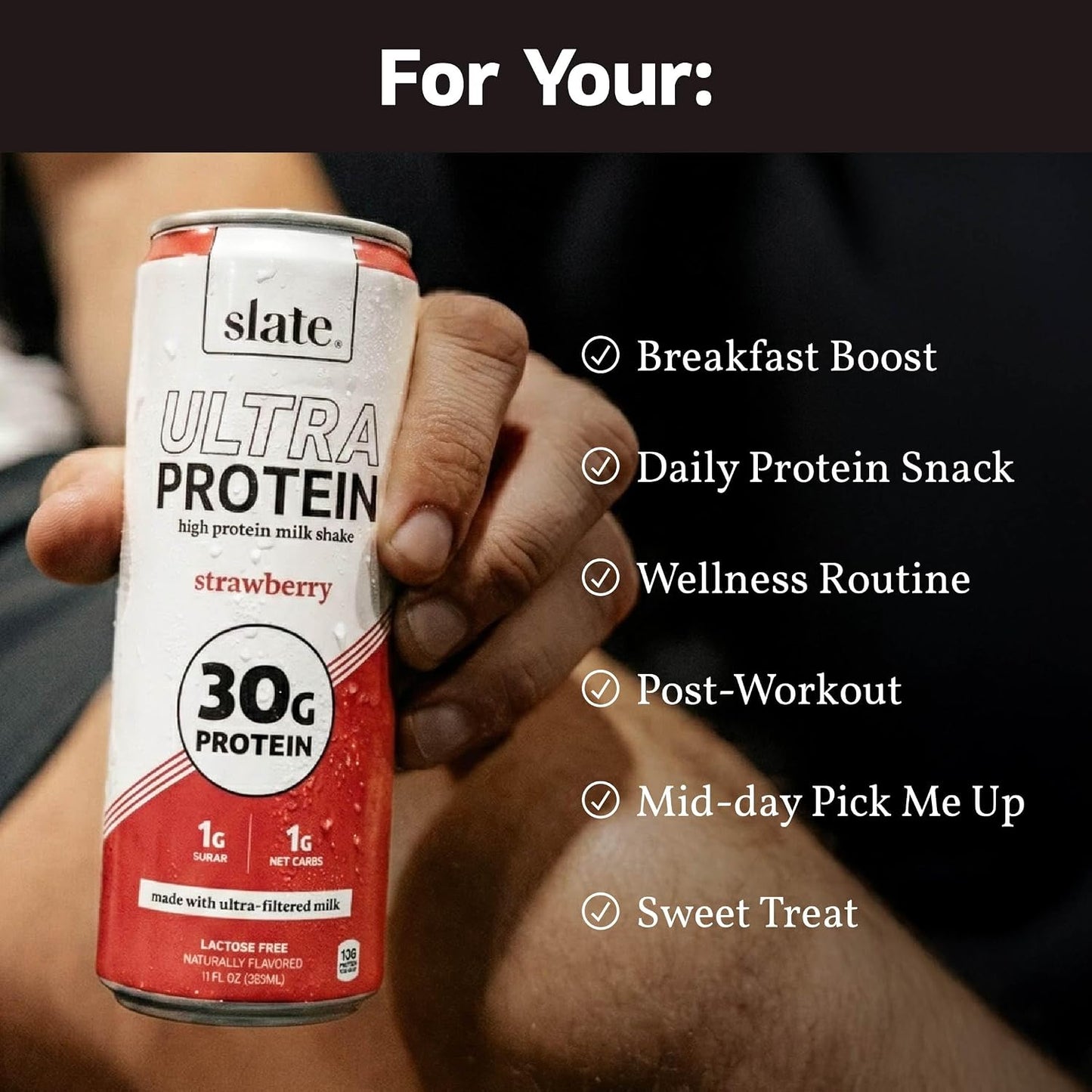 Slate Milk Ultra High Protein Milk Shake (Neapolitan Pack) Chocolate, Vanilla, & Strawberry - 30g Protein, 1g Sugar, 130 Calories, 1-2g Net Carbs - No Added Sugar - Lactose Free - 11 fl oz, 12 Cans