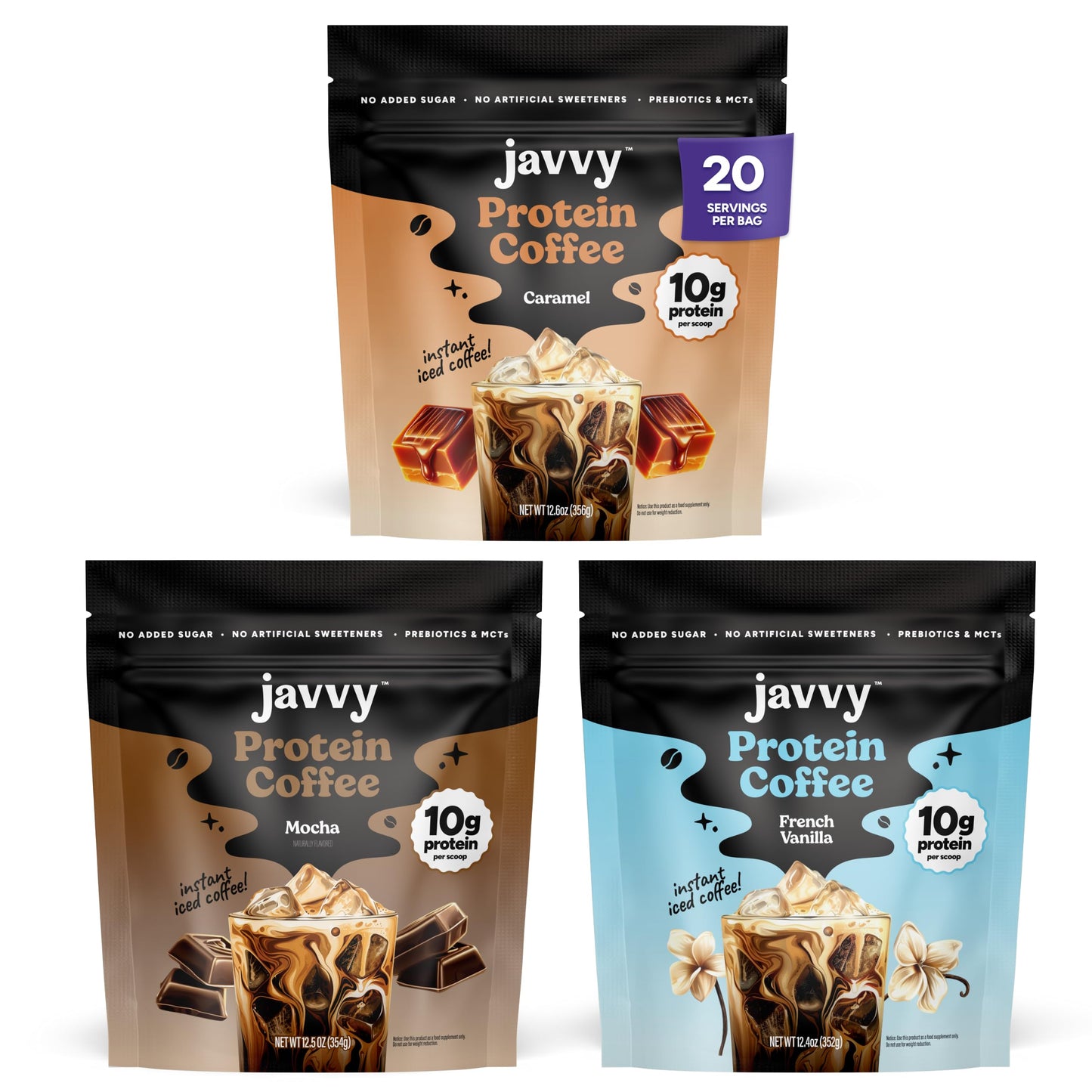 Javvy Protein Coffee for Cold Brew & Iced Coffee, Caramel Latte | 10g Whey Protein, 100% Natural Cold Brew, Zero Artificial Flavors & Sweeteners, 80mg Caffeine, No Added Sugar