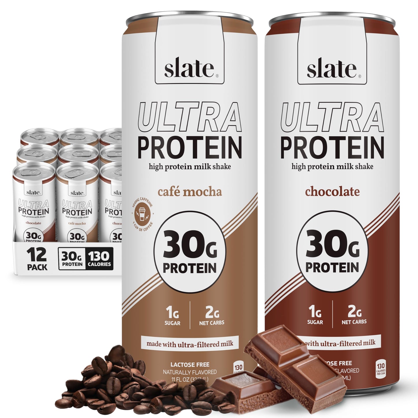 Slate Milk Ultra High Protein Milk Shake (Neapolitan Pack) Chocolate, Vanilla, & Strawberry - 30g Protein, 1g Sugar, 130 Calories, 1-2g Net Carbs - No Added Sugar - Lactose Free - 11 fl oz, 12 Cans