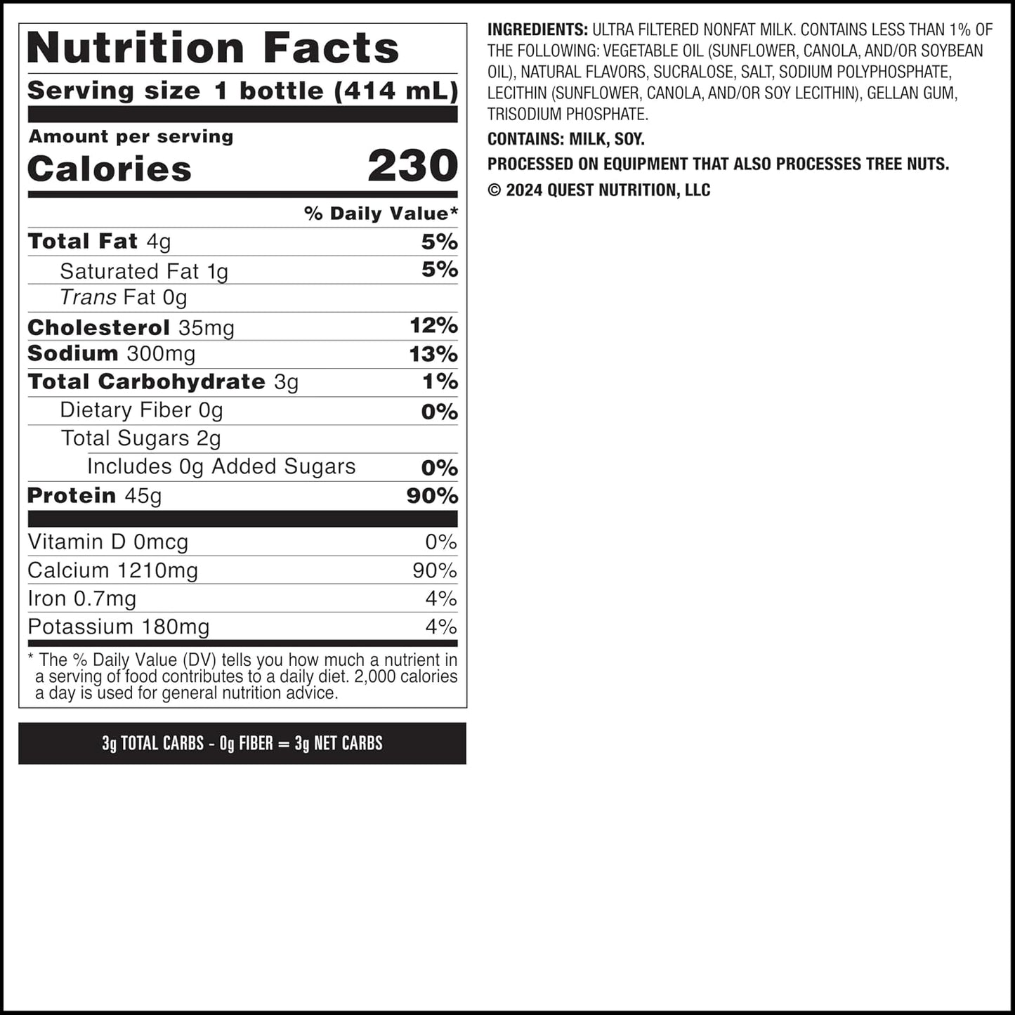Quest Nutrition Vanilla Protein Shake, 45g Protein, 2g Sugar, 3g Net Carbs, Ready to Drink, Gluten Free, Bottle, 12 Count