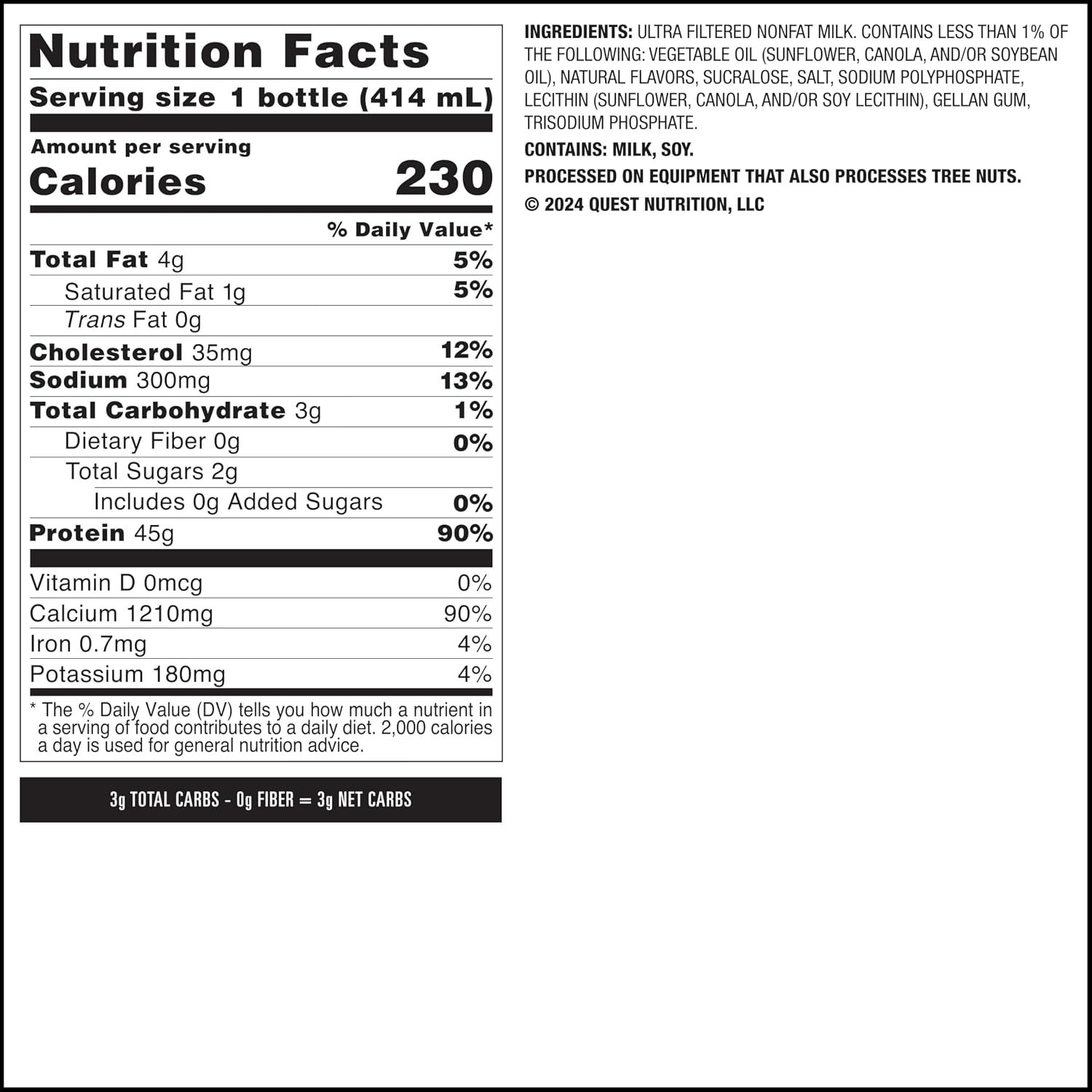 Quest Nutrition Vanilla Protein Shake, 45g Protein, 2g Sugar, 3g Net Carbs, Ready to Drink, Gluten Free, Bottle, 12 Count