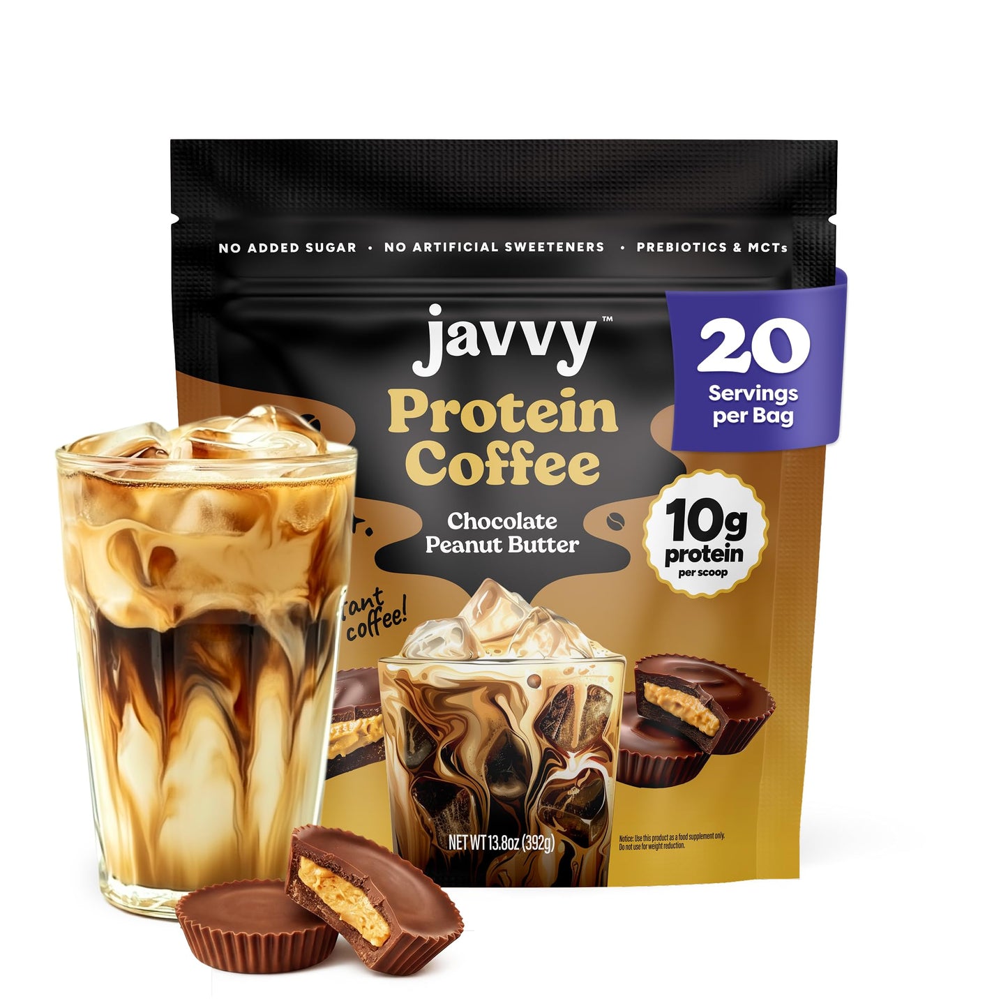 Javvy Protein Coffee for Cold Brew & Iced Coffee, Caramel Latte | 10g Whey Protein, 100% Natural Cold Brew, Zero Artificial Flavors & Sweeteners, 80mg Caffeine, No Added Sugar
