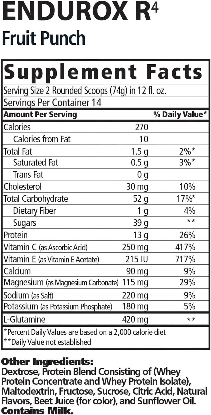 Endurox PacificHealth R4 Recovery Drink Mix, Fruit Punch, 14 Servings | 4 to 1 Carb Protein Ratio Powder with Electrolytes, Glutamine & Antioxidants, Muscle Recovery & Hydration Beverage, Sports
