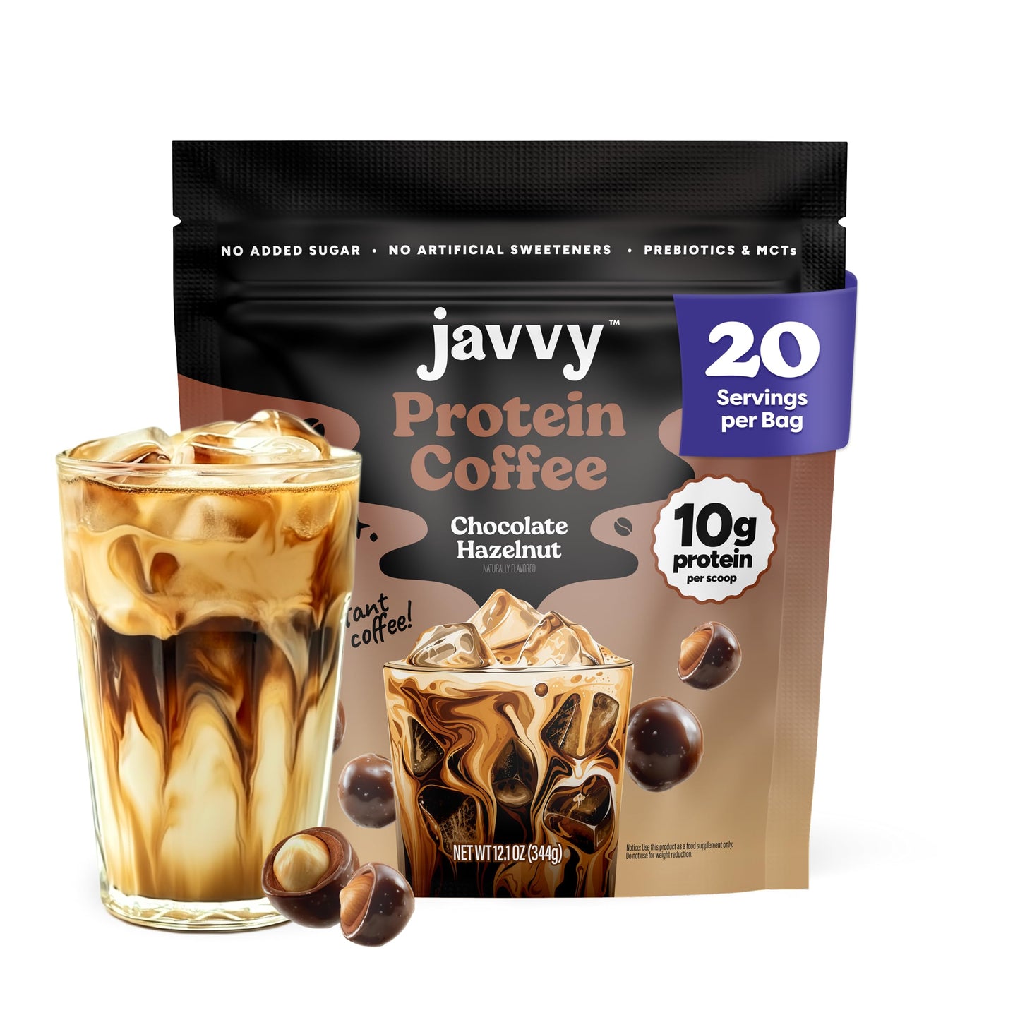 Javvy Protein Coffee for Cold Brew & Iced Coffee, Caramel Latte | 10g Whey Protein, 100% Natural Cold Brew, Zero Artificial Flavors & Sweeteners, 80mg Caffeine, No Added Sugar