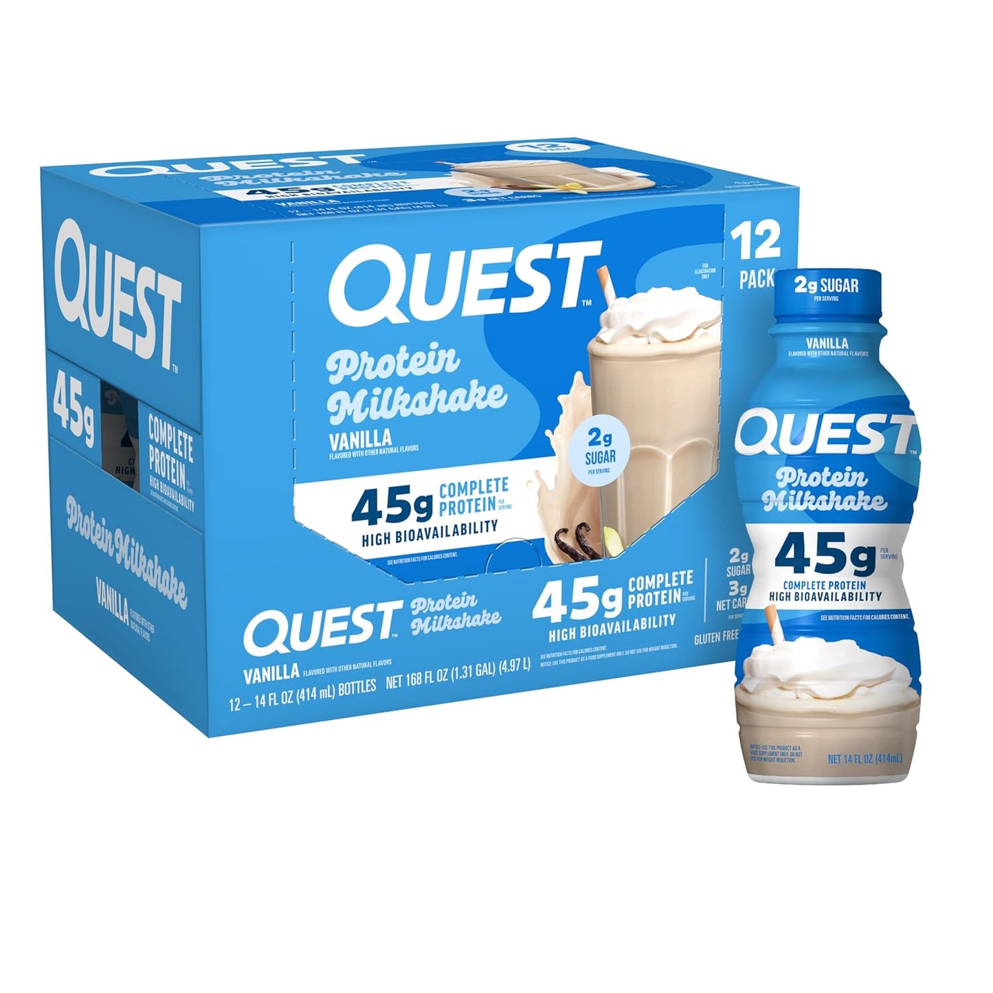 Quest Nutrition Vanilla Protein Shake, 45g Protein, 2g Sugar, 3g Net Carbs, Ready to Drink, Gluten Free, Bottle, 12 Count