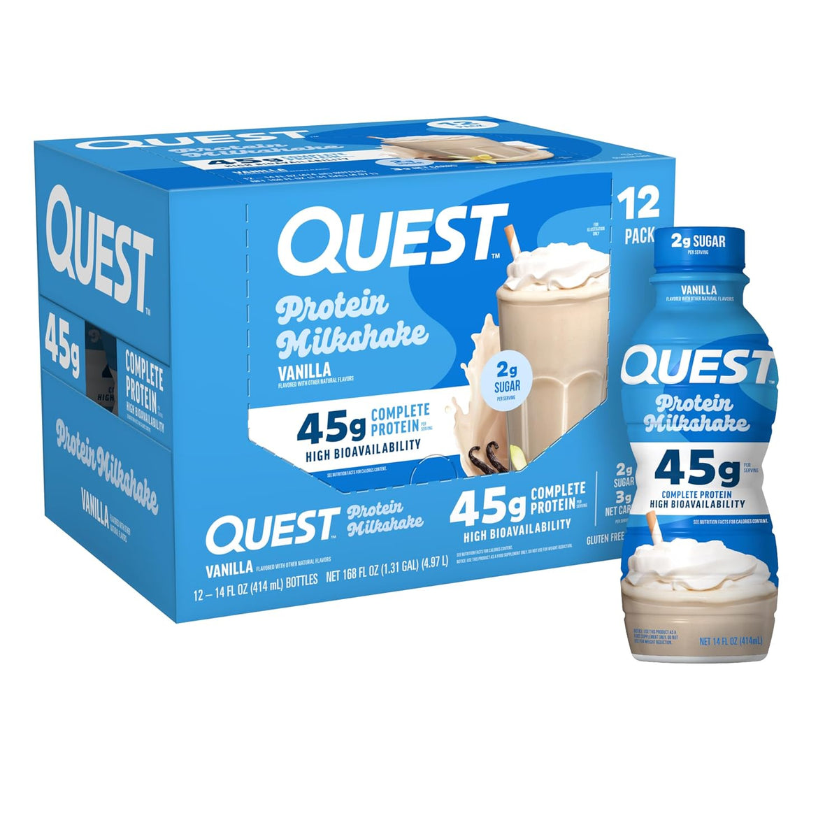 Quest Nutrition Vanilla Protein Shake, 45g Protein, 2g Sugar, 3g Net Carbs, Ready to Drink, Gluten Free, Bottle, 12 Count