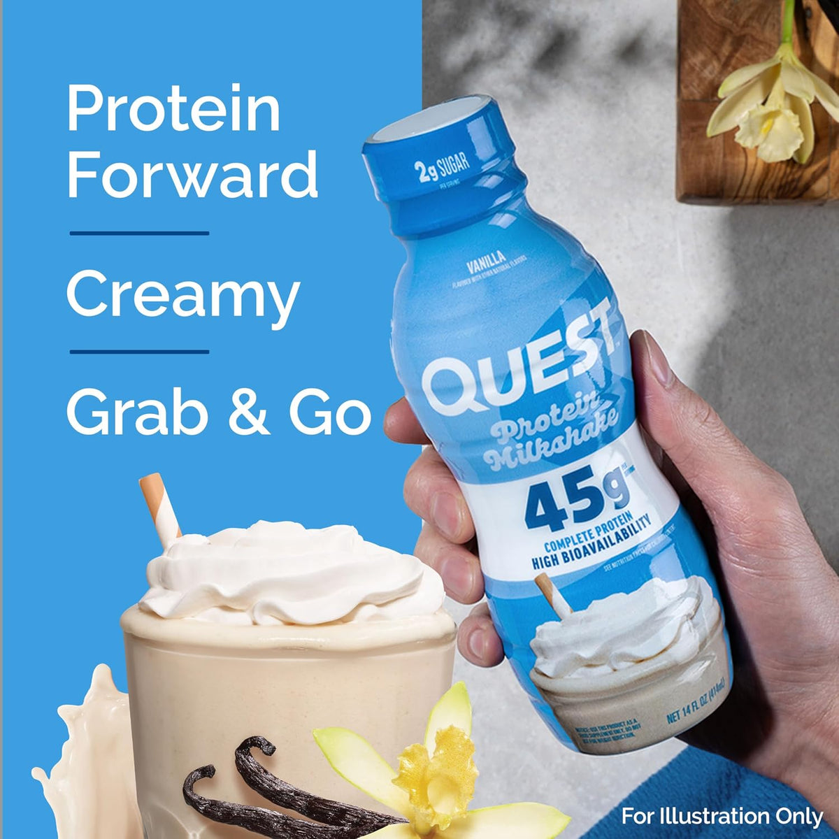 Quest Nutrition Vanilla Protein Shake, 45g Protein, 2g Sugar, 3g Net Carbs, Ready to Drink, Gluten Free, Bottle, 12 Count