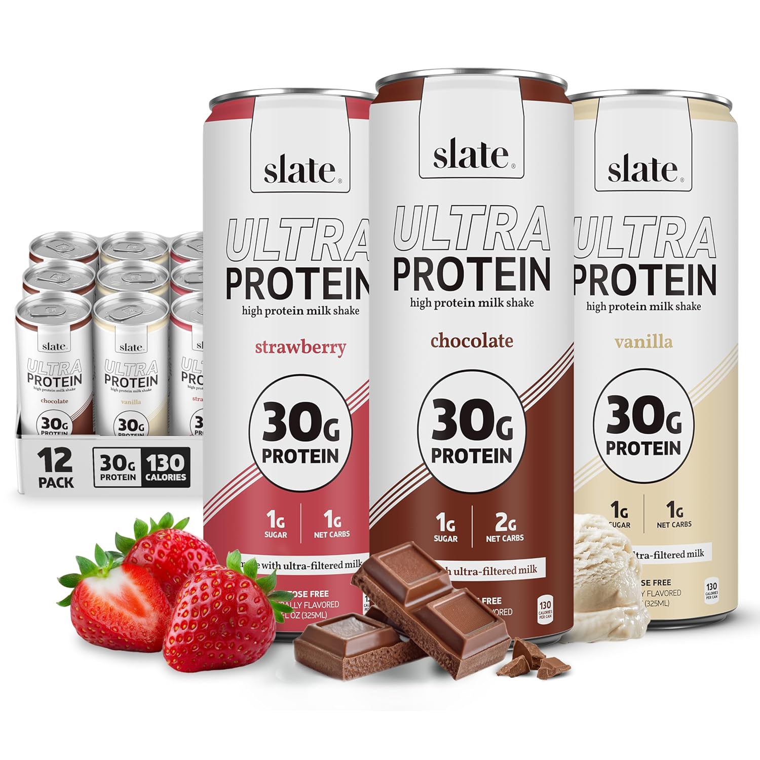 Slate Milk Ultra High Protein Milk Shake (Neapolitan Pack) Chocolate, Vanilla, & Strawberry - 30g Protein, 1g Sugar, 130 Calories, 1-2g Net Carbs - No Added Sugar - Lactose Free - 11 fl oz, 12 Cans