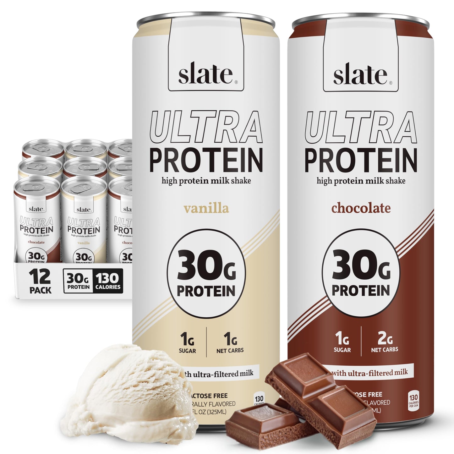Slate Milk Ultra High Protein Milk Shake (Neapolitan Pack) Chocolate, Vanilla, & Strawberry - 30g Protein, 1g Sugar, 130 Calories, 1-2g Net Carbs - No Added Sugar - Lactose Free - 11 fl oz, 12 Cans