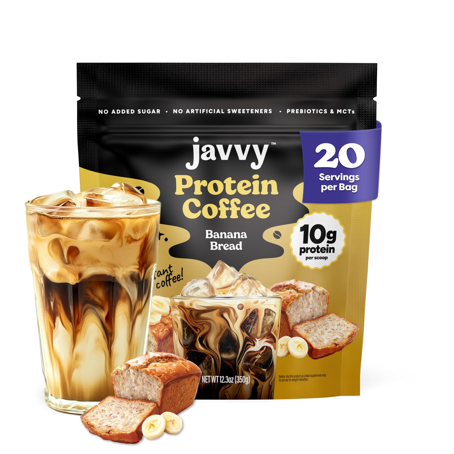 Javvy Protein Coffee for Cold Brew & Iced Coffee, Caramel Latte | 10g Whey Protein, 100% Natural Cold Brew, Zero Artificial Flavors & Sweeteners, 80mg Caffeine, No Added Sugar