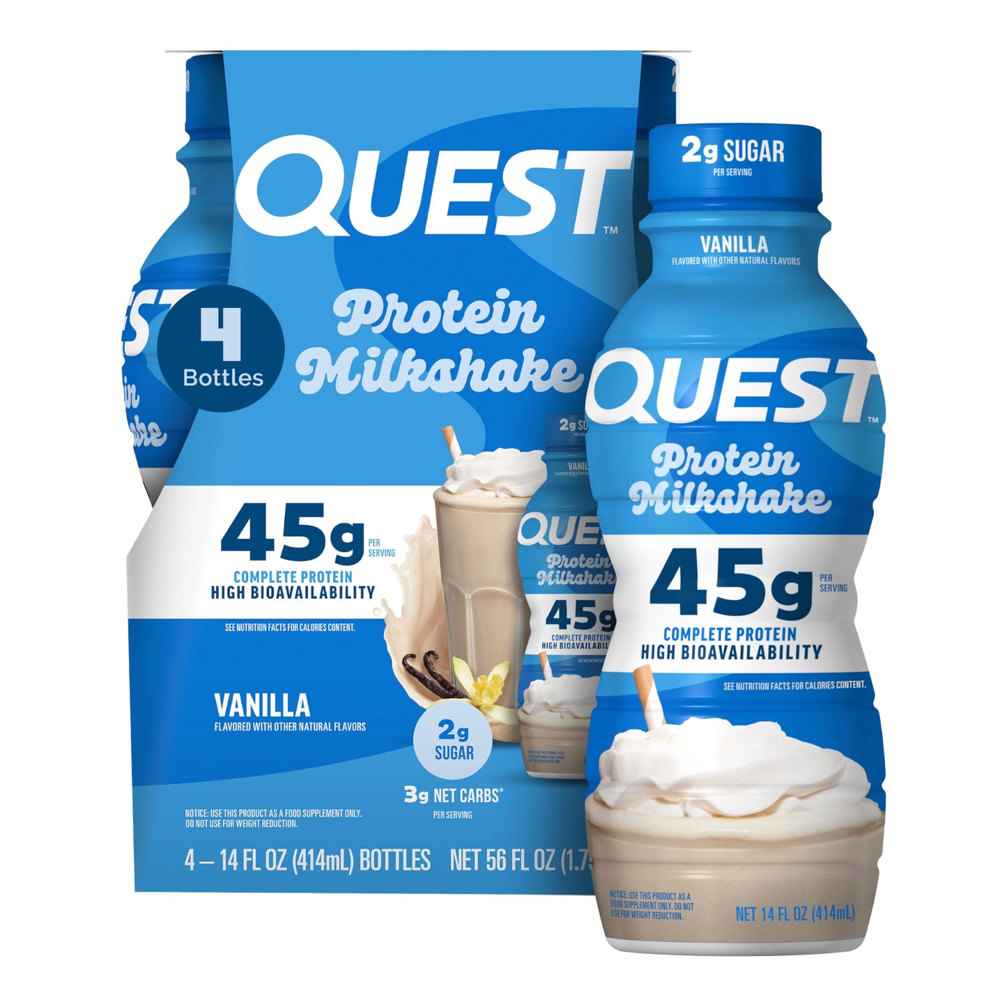 Quest Nutrition Vanilla Protein Shake, 45g Protein, 2g Sugar, 3g Net Carbs, Ready to Drink, Gluten Free, Bottle, 12 Count
