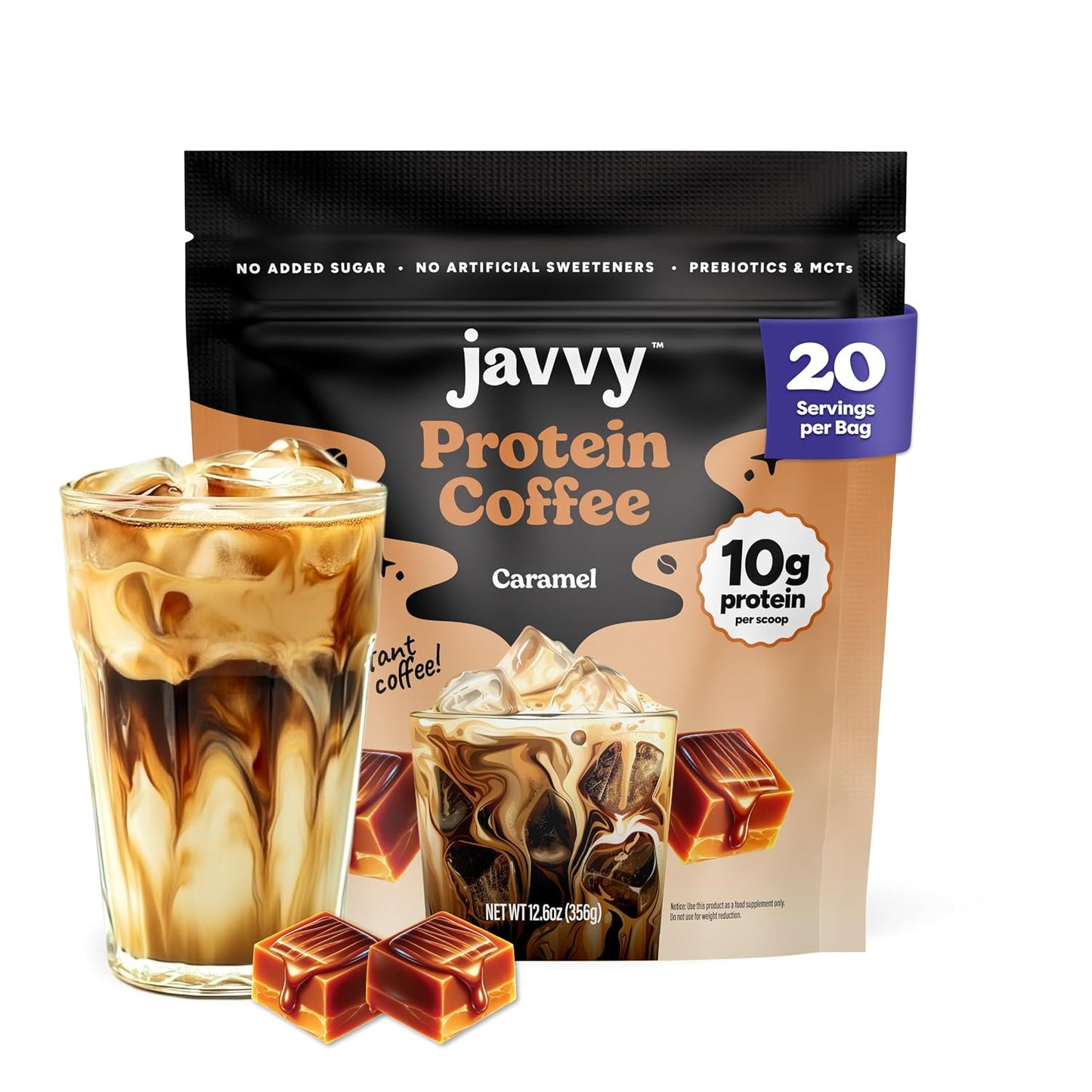 Javvy Protein Coffee for Cold Brew & Iced Coffee, Caramel Latte | 10g Whey Protein, 100% Natural Cold Brew, Zero Artificial Flavors & Sweeteners, 80mg Caffeine, No Added Sugar