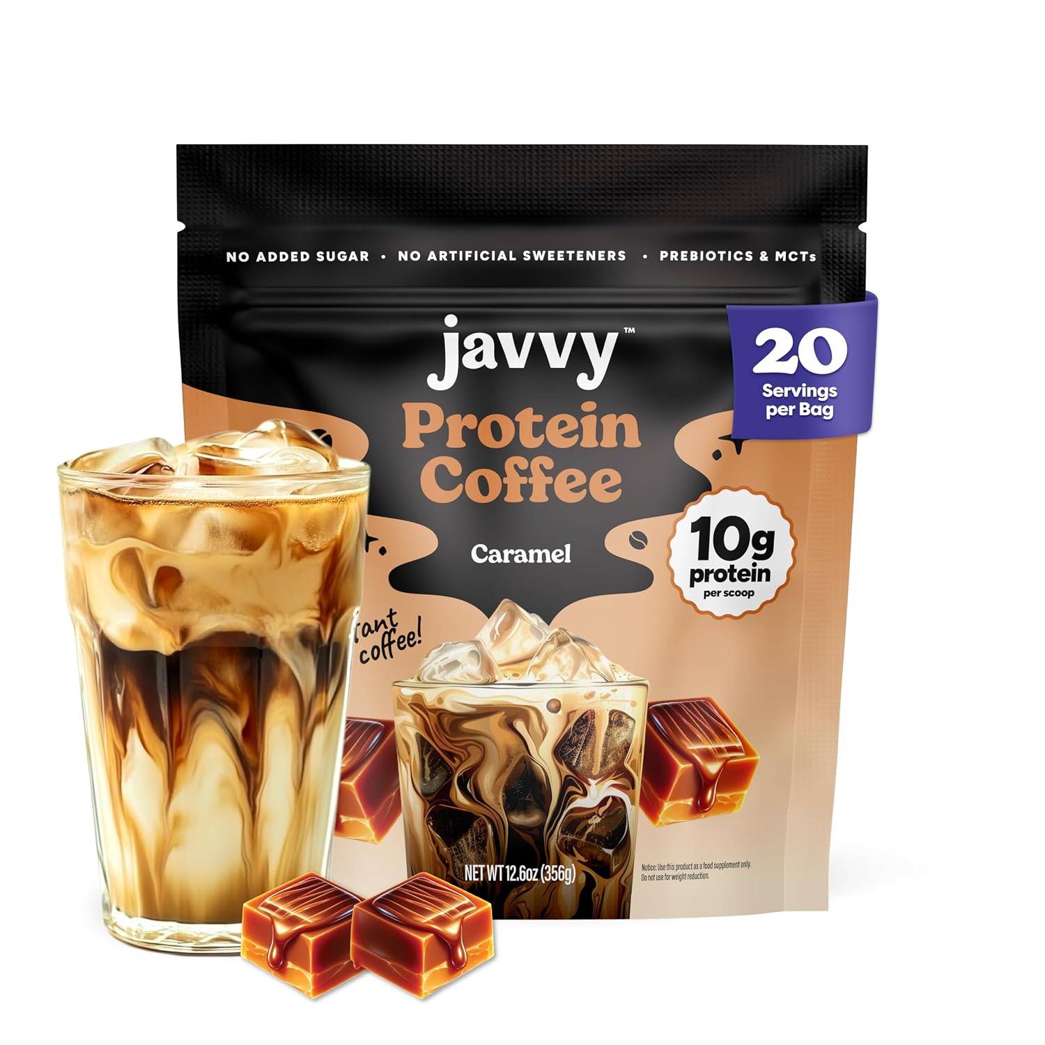 Javvy Protein Coffee for Cold Brew & Iced Coffee, Caramel Latte | 10g Whey Protein, 100% Natural Cold Brew, Zero Artificial Flavors & Sweeteners, 80mg Caffeine, No Added Sugar