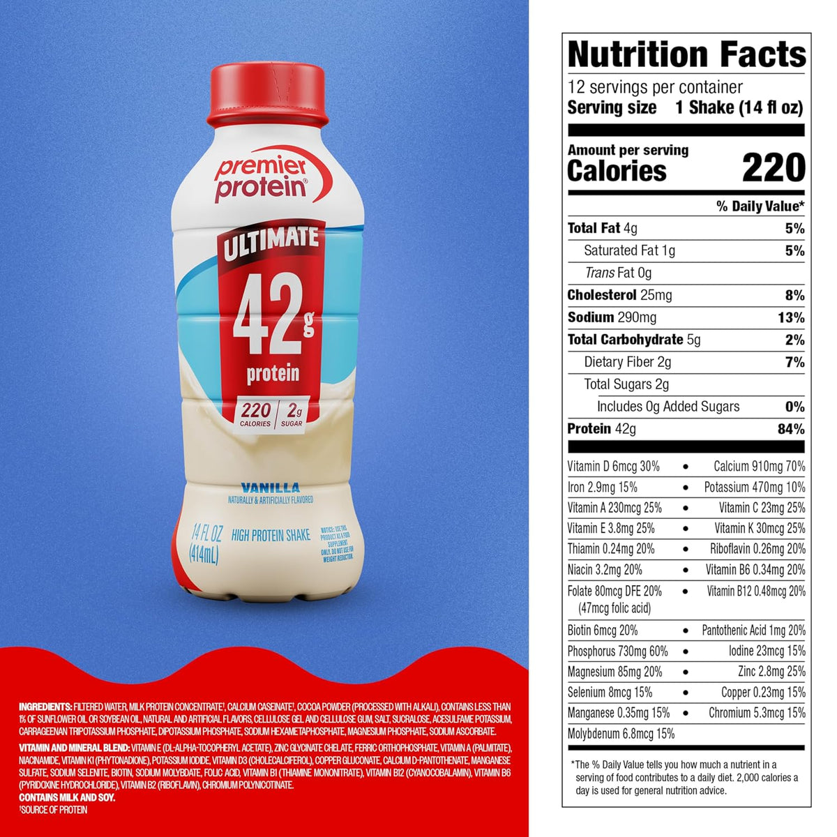 Premier Protein ULTIMATE 42g High Protein Shake, Vanilla, 12 Pack